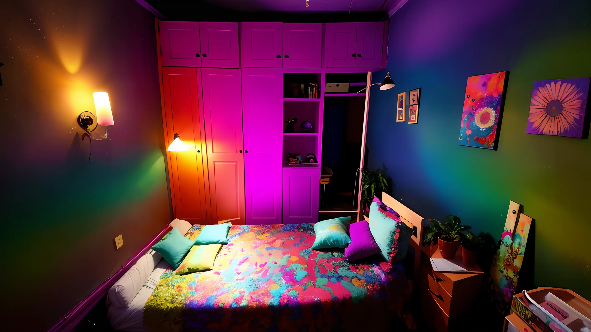 there is a psychedelic bed in a small room, small room, furnished room, dark room, real picture, inside a room, messy apartment, interior of a small room, in small room, room with strange feeling, listing image, apartment of an art student with psychedelic colors, messy room, large spaced room, tons of rooms, completely filled space, cabinet with harmonic colors,