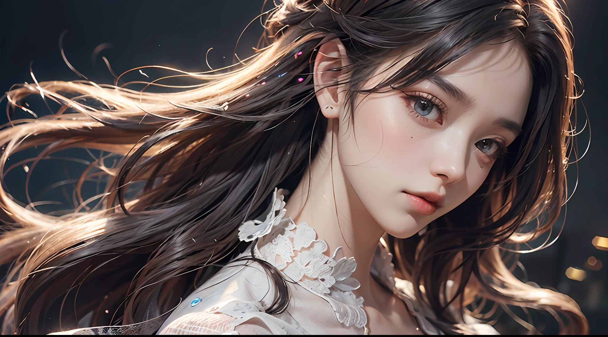 Royal Sister Style, 1girl, solo, portrait, lips, gem, bairs, close-up, grey eyes, white hair, looking at viewer, long hair, 2B in wedding dress, game character, lace white dress woman in the image of Allard, transparent lace, lace cutout, fabric panels, Bob cuts Sakimi Chan, Rossdraw Sakimimichan, Artgerm on ArtStation Pixiv, Artgerm in great detail, [8K digital art]!, Sakimichan, popular on ArtStation Pixiv, WLOP and Sakimichan,! Dream Art Germ, Huge Tits, Plump Body, Fleshy, Fleshy Body, Body Gold Ratio, Ultimate Face, Very Long Hair, Colorful, HDR, Ray Tracing, NVIDIA RTX, Super Resolution, Unreal 5, Subsurface Scattering, PBR Texture, Post Processing, Anisotropic Filtering, Depth of Field, Maximum Clarity and Acutance, Rule of Thirds, 16k Prist, (Glow Particles:1.4), Extremely Detailed CG, Unity 8k Wallpaper, 3D, Cinematic Lighting, Lens Hare, Reflections, sharp focus, realistic, highly detailed CG illustration, extremely refined and beautiful cinematic light, (realistic: 1.5), (dark background: 1.5), dynamic angle, masterpiece, best quality, super detailed, illustration, detailed light, dramatic_shadow, face shadow, extra detail, best performance, saxophone blue background