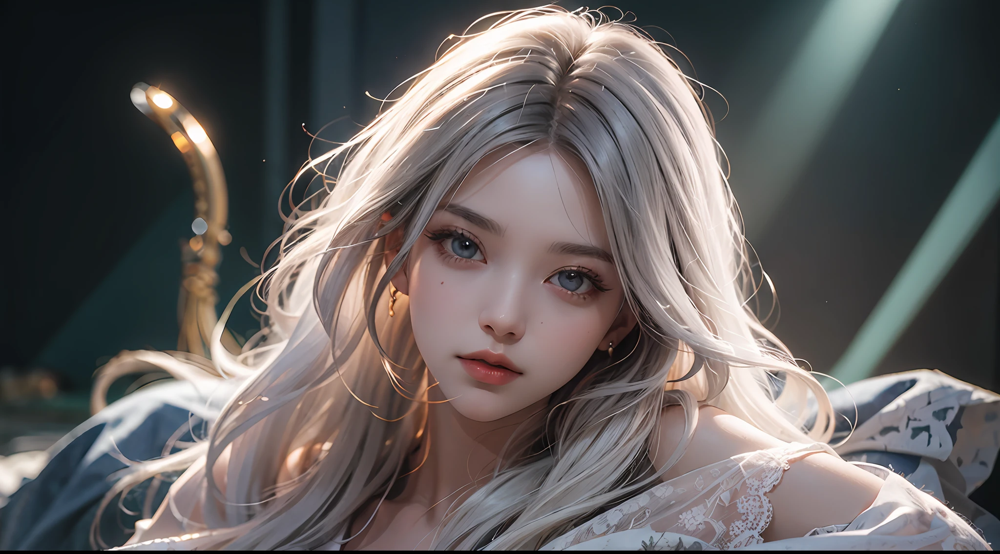 Royal Sister Style, 1girl, solo, portrait, lips, gem, bairs, close-up, grey eyes, white hair, looking at viewer, long hair, 2B in wedding dress, game character, lace white dress woman in the image of Allard, transparent lace, lace cutout, fabric panels, Bob cuts Sakimi Chan, Rossdraw Sakimimichan, Artgerm on ArtStation Pixiv, Artgerm in great detail, [8K digital art]!, Sakimichan, popular on ArtStation Pixiv, WLOP and Sakimichan,! Dream Art Germ, Huge Tits, Plump Body, Fleshy, Fleshy Body, Body Gold Ratio, Ultimate Face, Very Long Hair, Colorful, HDR, Ray Tracing, NVIDIA RTX, Super Resolution, Unreal 5, Subsurface Scattering, PBR Texture, Post Processing, Anisotropic Filtering, Depth of Field, Maximum Clarity and Acutance, Rule of Thirds, 16k Prist, (Glow Particles:1.4), Extremely Detailed CG, Unity 8k Wallpaper, 3D, Cinematic Lighting, Lens Hare, Reflections, sharp focus, realistic, highly detailed CG illustration, extremely refined and beautiful cinematic light, (realistic: 1.5), (dark background: 1.5), dynamic angle, masterpiece, best quality, super detailed, illustration, detailed light, dramatic_shadow, face shadow, extra detail, best performance, saxophone blue background