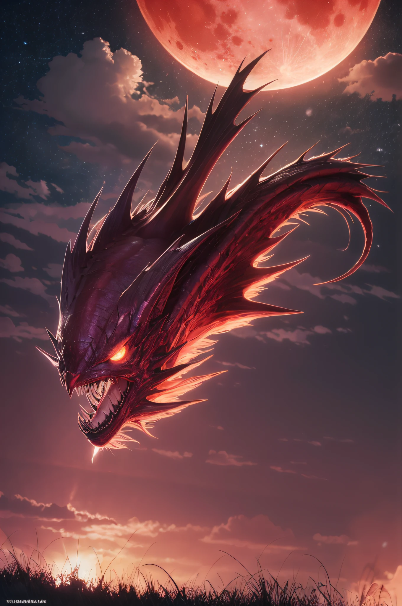 anime style, night sky, red moon, earth, vanishing, nightmare, collapse, lightning, monster