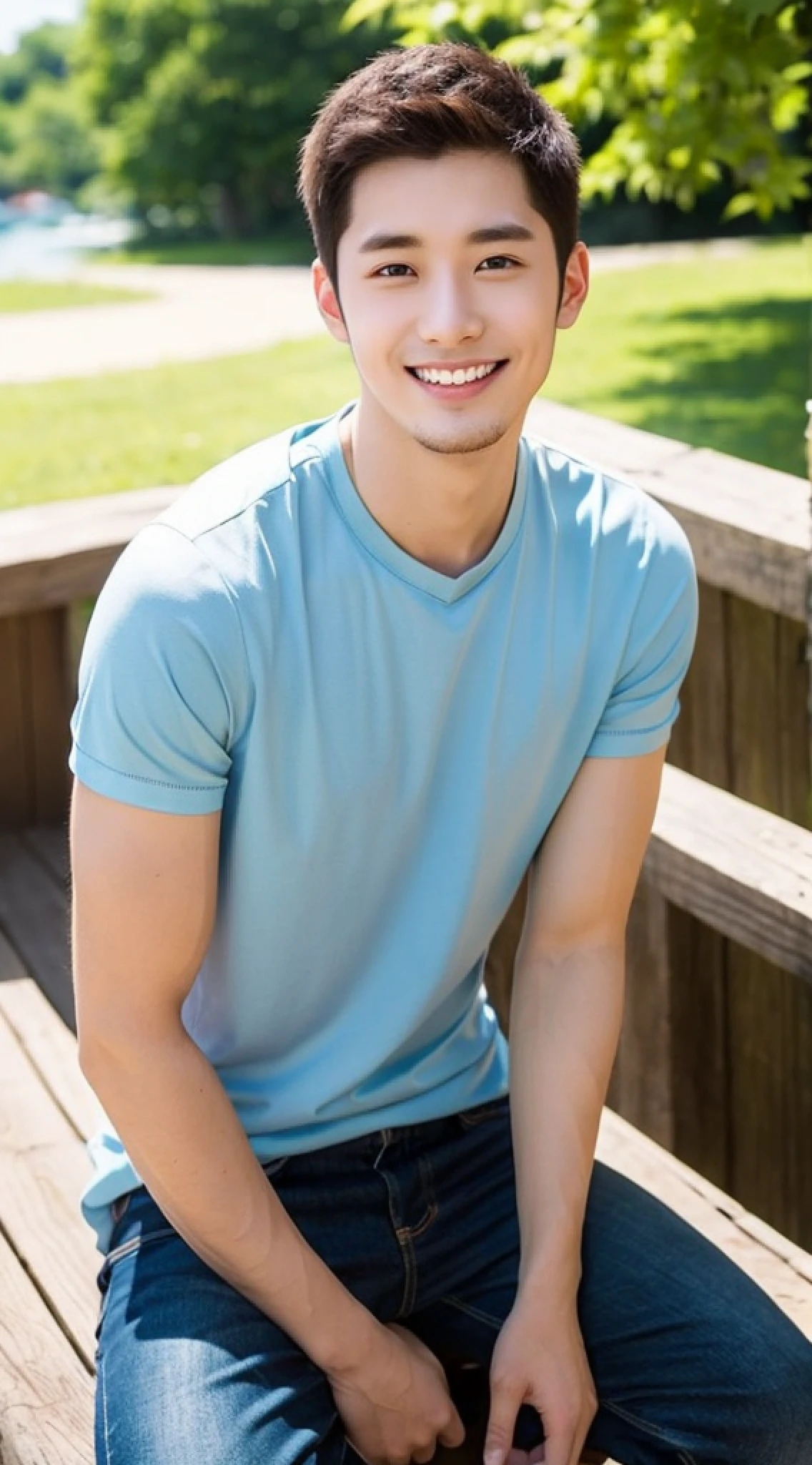 male, about 25 years old, smile, sharp focus, full body (1.5), summer, shirt, wonderful, relaxing,