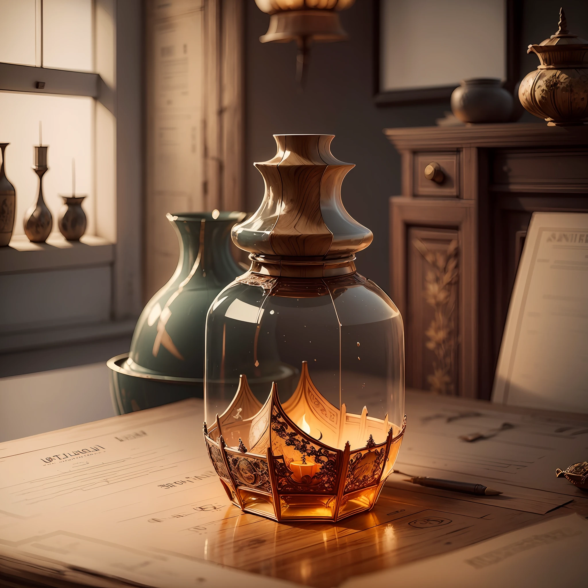 elegant perfume glass, on top of a rustic wooden table, professional photography, cinematic lighting, intricate details, ultra realistic, realistic texture, landscape background with complementary colors, detail --auto --s2