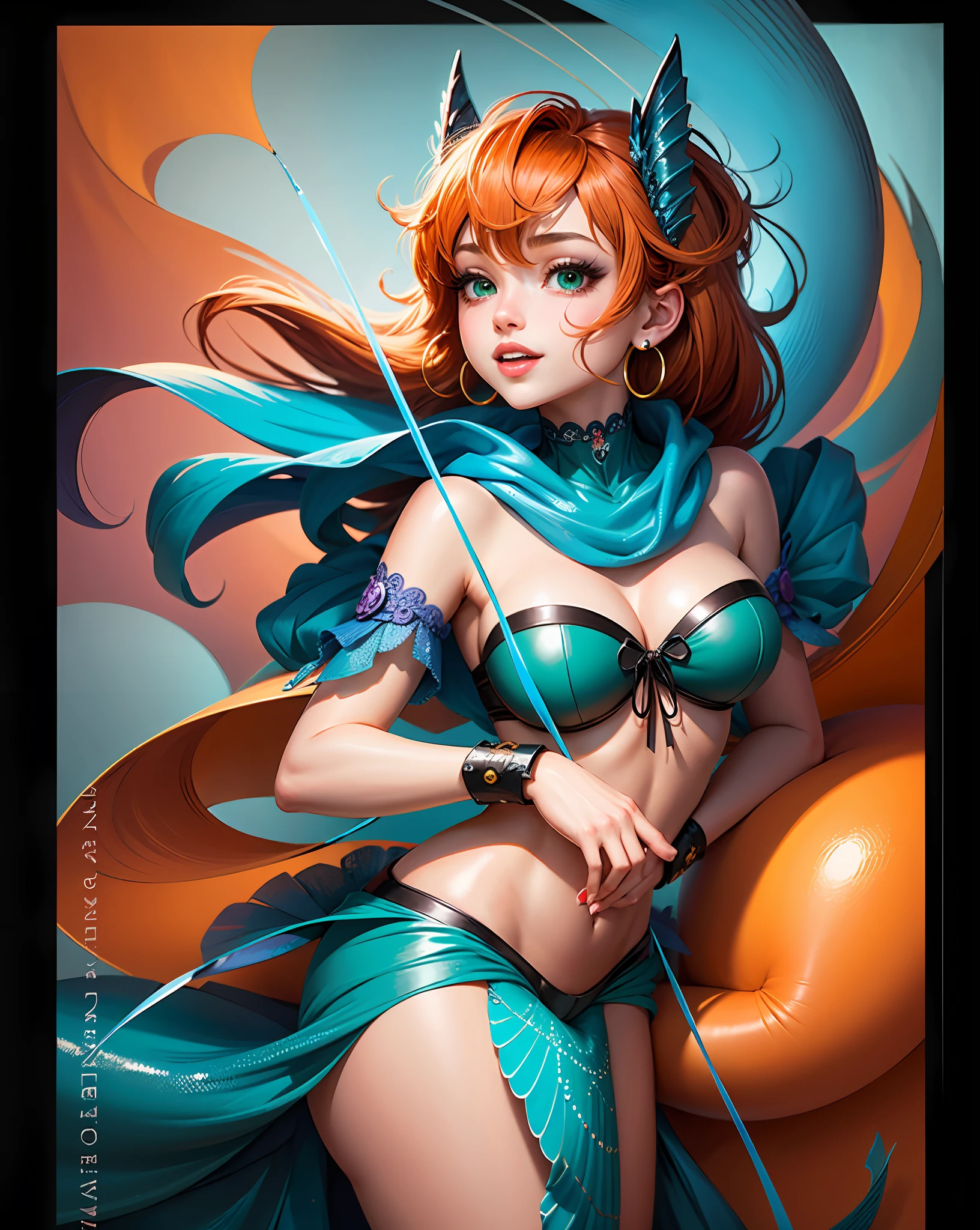 (masterpiece),(best quality:1.0), (ultra highres:1.0), detailed illustration, 8k, anime, 1girl, sexy anime girl, busty, (big breasts: 1.2), green bikini top, mermaid bottom, earrings , intricate details, emerald eyes, detailed eyes, orange hair, detailed hair detailed, highlights on hair, smiling, perfect lips, sexy curves, seductive, anime style, best quality, detailed