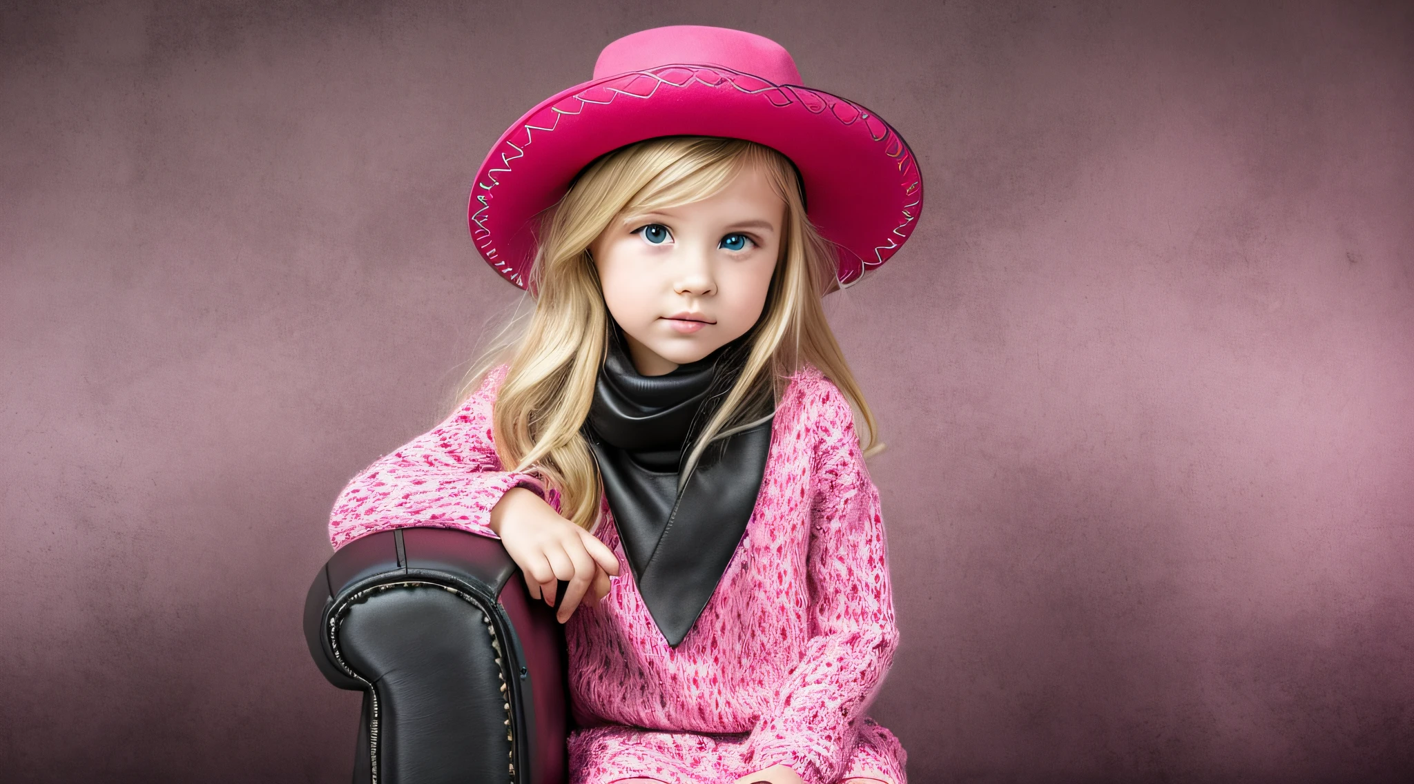 BLONDE CHILD girl,wearing a pink hat and scarf sitting on a black leather chair, photo from a promotional session, promotional photoshoot, young girl, beautiful young model, pink cowboy hat, young ager, photo shoot, photoshoot, inspired by Toros Roslin, red dress and hat, modeling essay, young and beautiful girl, studio portrait photography, photoshoot solo --auto --s2
