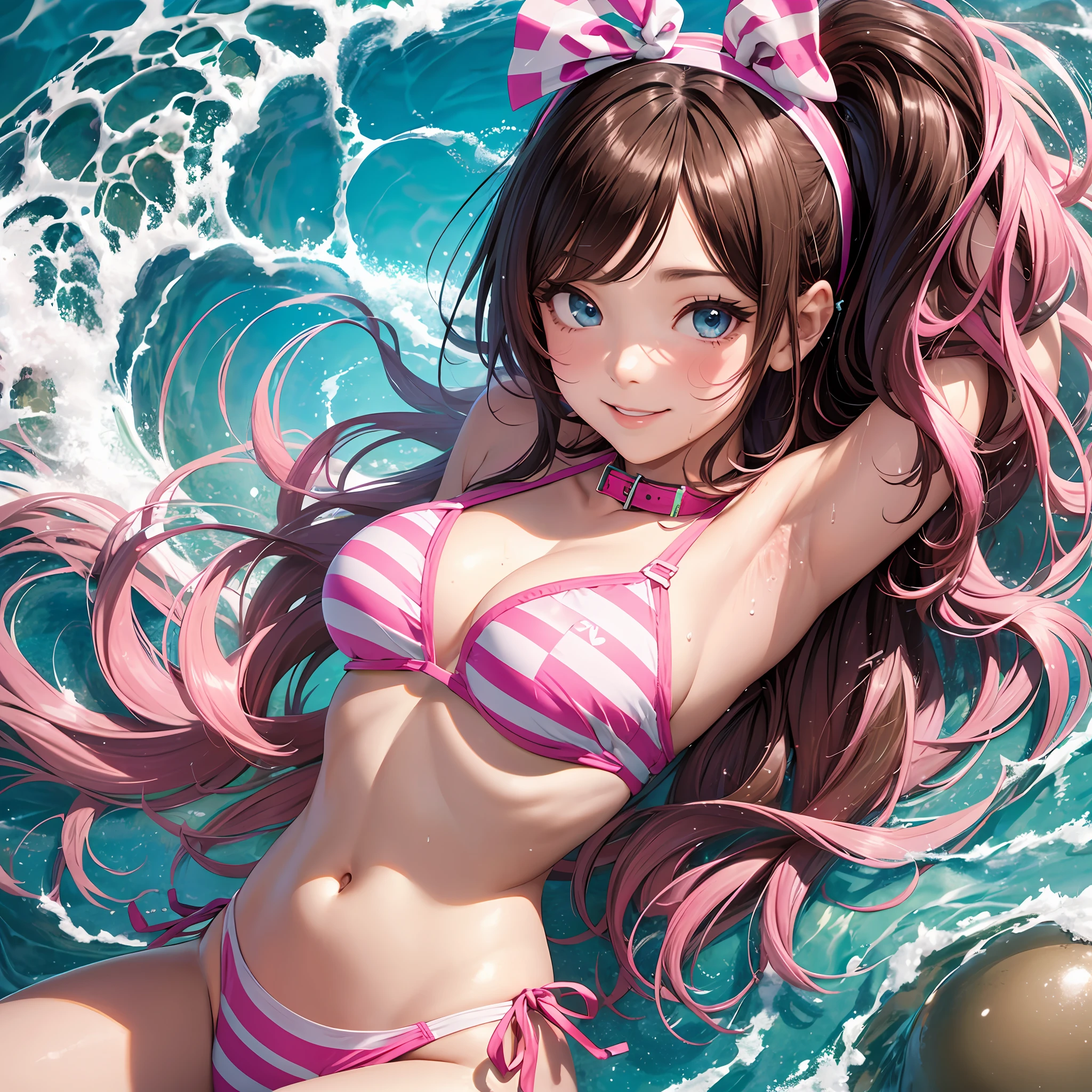 masterpiece, best quality, highres, 1girl, kizuna ai, long hair, brown hair, multicolored hair, pink bikini, floating hair, pink hairband, navel, streaked hair, pink hair, blue eyes, medium breasts, striped, swept bangs, smiling,water, sweaty armpits, pink highlights, brown hair, pink bikini, white collar, pink highlights, pink hairband, heart shaped headband --auto --s2
