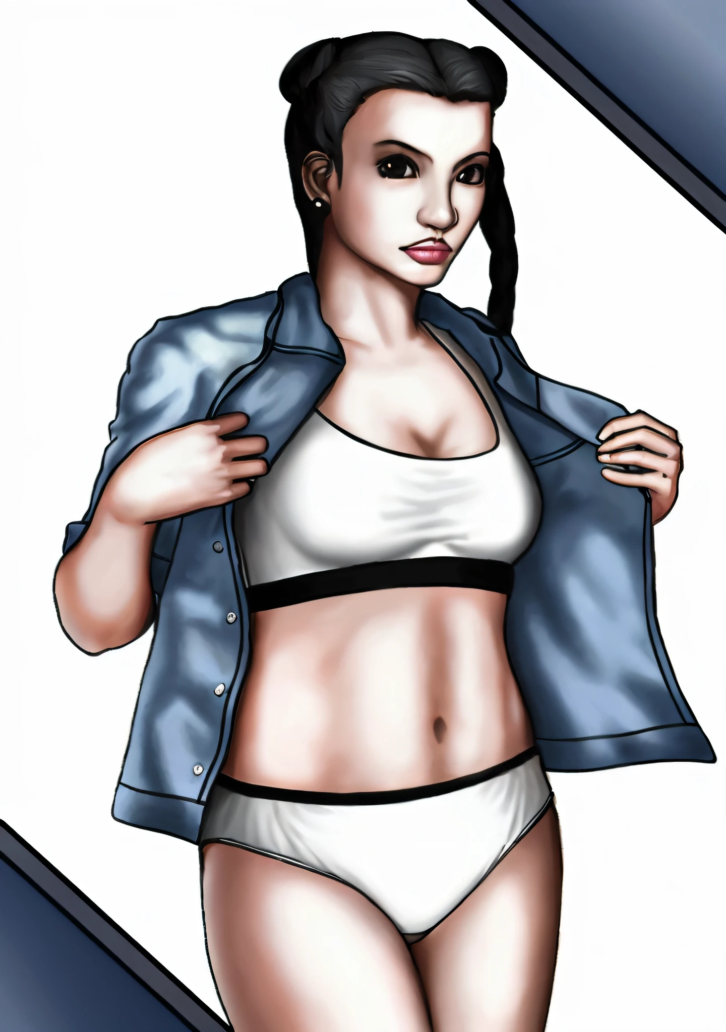 Chinese woman in white bra and white cotton panties, realistic art style, highly detailed