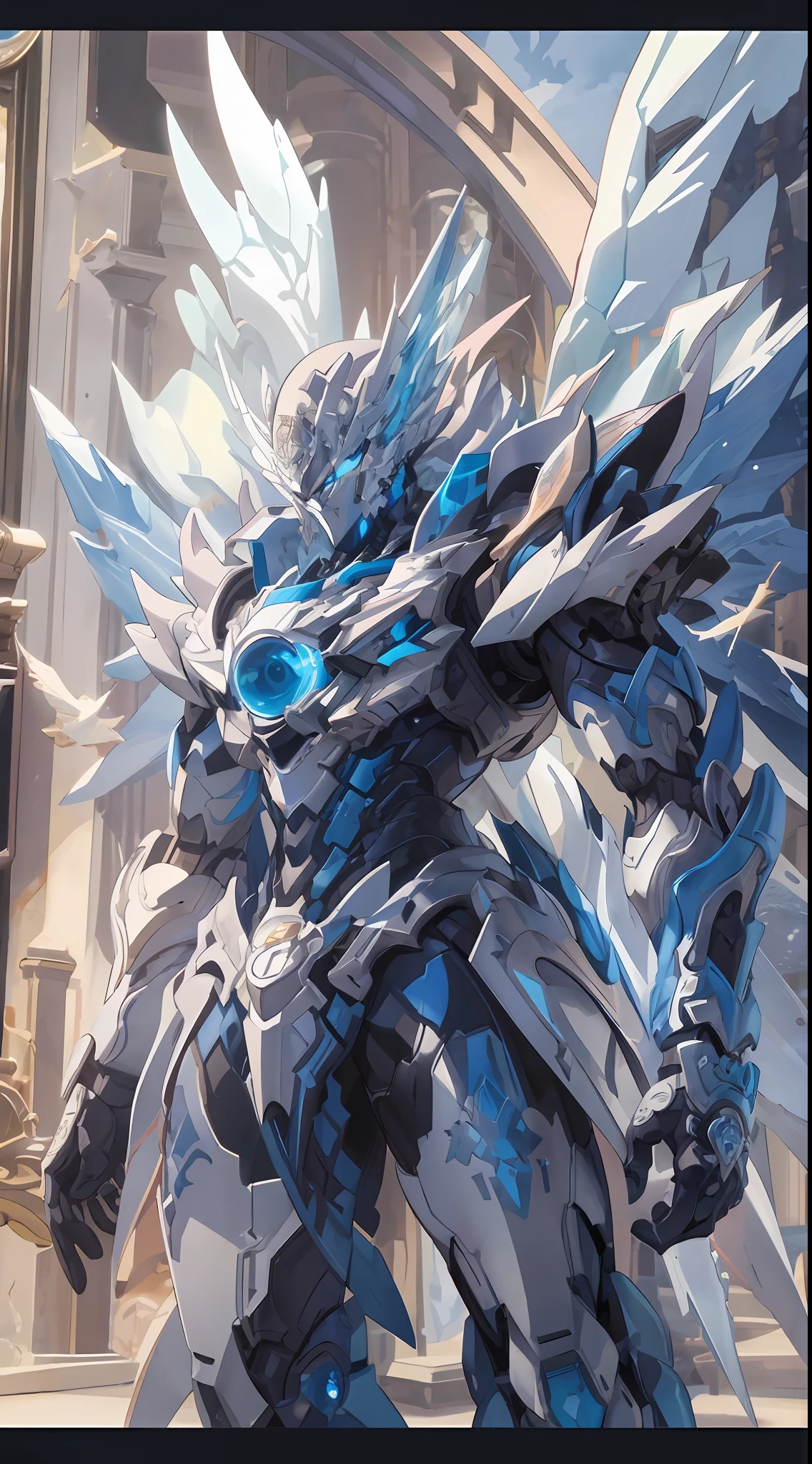 araffe robot with a blue and white body and wings, detailed anime artwork, detailed anime art, detailed digital anime art, sliver ice color reflected armor, detailed key anime art, advanced digital anime art, highly detailed anime, blue and ice silver color armor, intricate ornate anime cgi style, high detailed official artwork, 4k highly detailed digital art