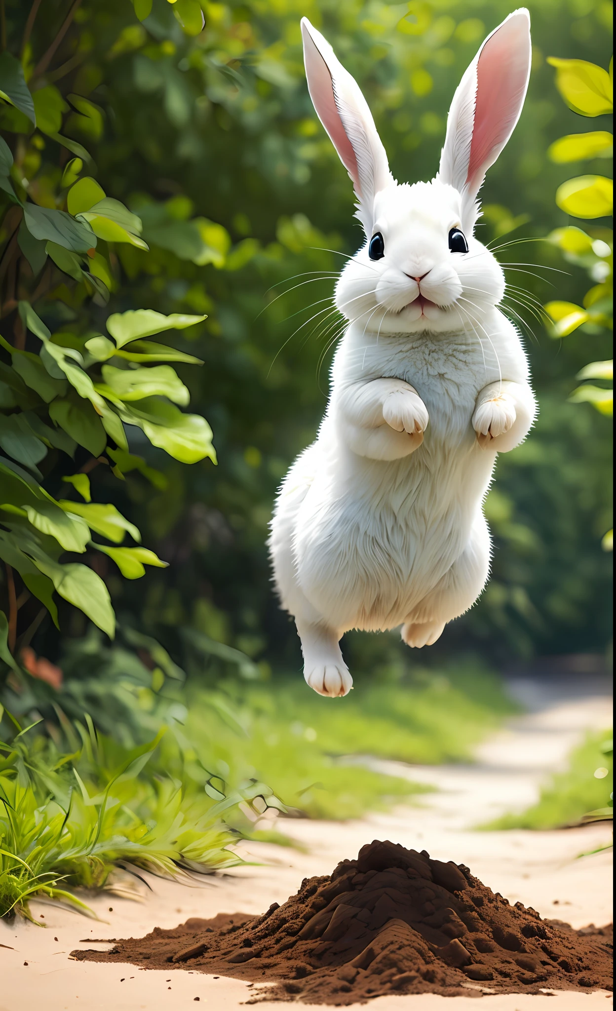 ((masterpiece, best quality)), soil, animal ears, fluffy rabbit, rabbit ears, jumping, beach, outdoor, full body, animal, sunlight, sunlight dappled, daytime, depth of field --v6
