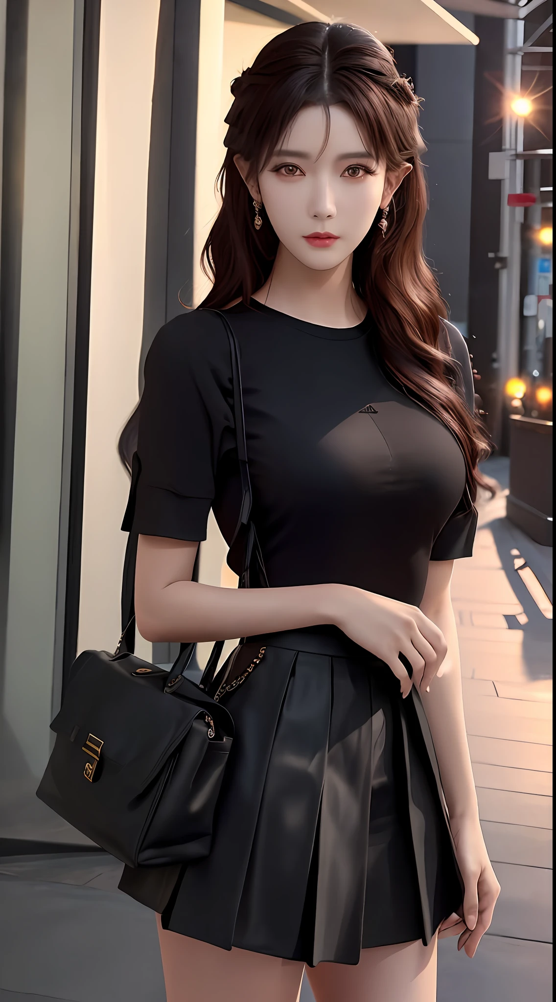 best quality, masterpiece, 1 girl, beautiful face, (photo photo:1.3), edge lighting, (high detail skin:1.2), 8k ultra hd, dslr camera, high quality, high resolution, 4k, 8k, bokeh, absurd, best ratio four fingers and one thumb, (realistic:1.3), cute 1girl, korean girl group costume, medium breasts, short skirt,