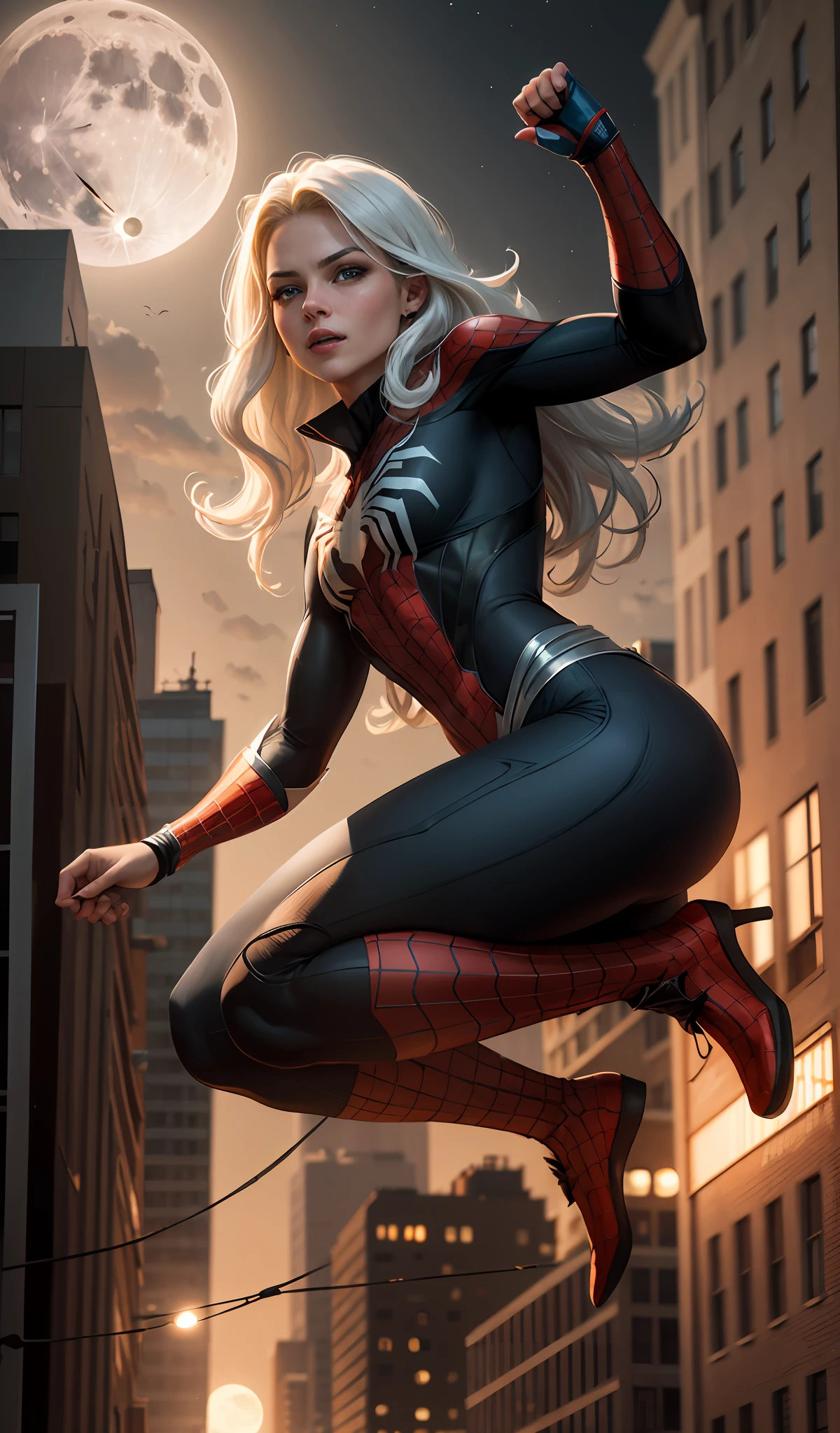 (Masterpiece, 4k resolution, ultra-realistic, very detailed:1.4), (White superhero theme, charismatic, there's a girl at the top of town, wearing Spider-Man costume, she's a superhero), [ ((25 years), (long white hair:1.2), (full body), (blue eyes:1.2), ((Spider-Man pose),show of strength, jump from one building to another), ((sandy urban environment):0.8)| (cityscape, at night, dynamic lights), (full moon))] # Explanation: The Prompt mainly describes a 4K painting of ultra-high definition, very realistic, very detailed. It shows a superheroine at the top of the city, wearing a Spider-Man costume. The theme in the painting is a white superhero theme, the female protagonist has long white hair, is 25 years old and her entire body is shown in the painting. In terms of portraying the actions of superheroines, spiders are employed