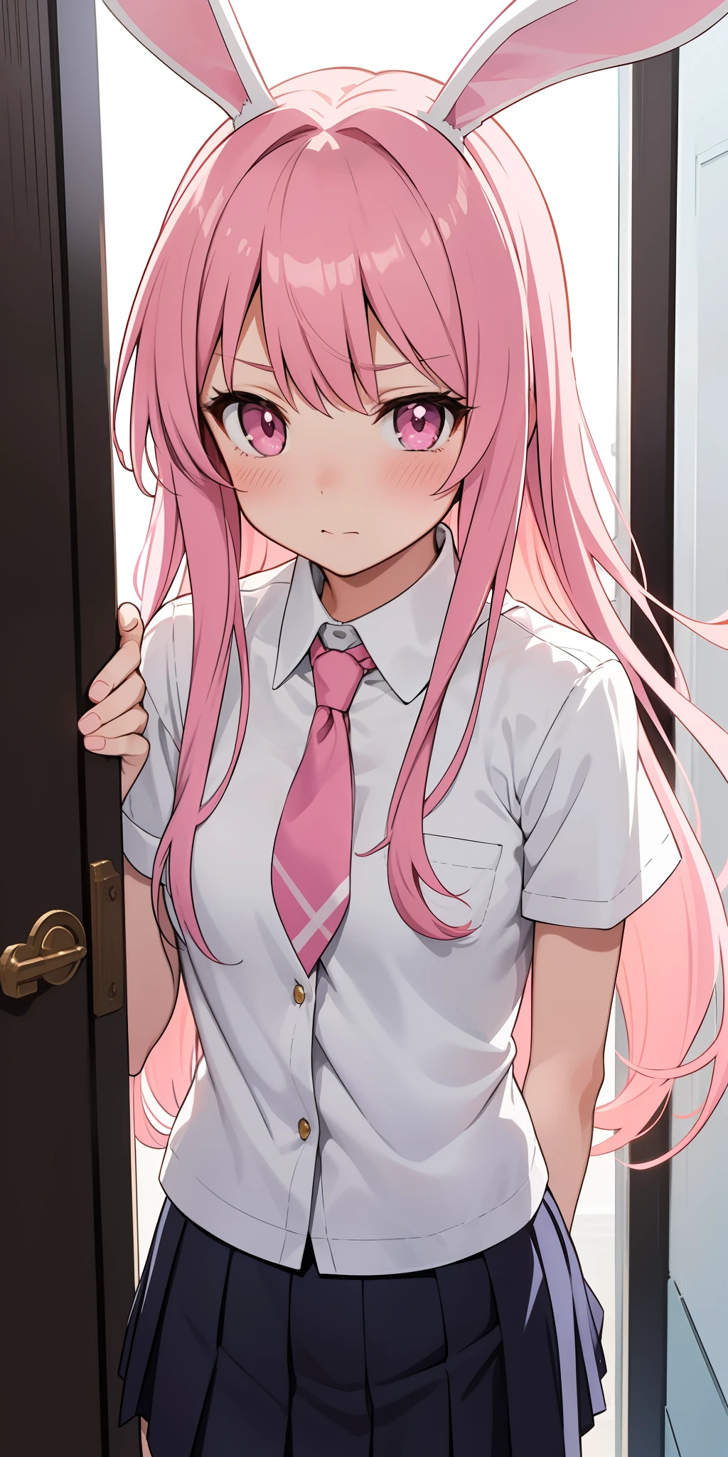 Anime girl with pink hair and bunny ears in pink tie, pink eyes, shy blush, school uniform, high contrast, soft light