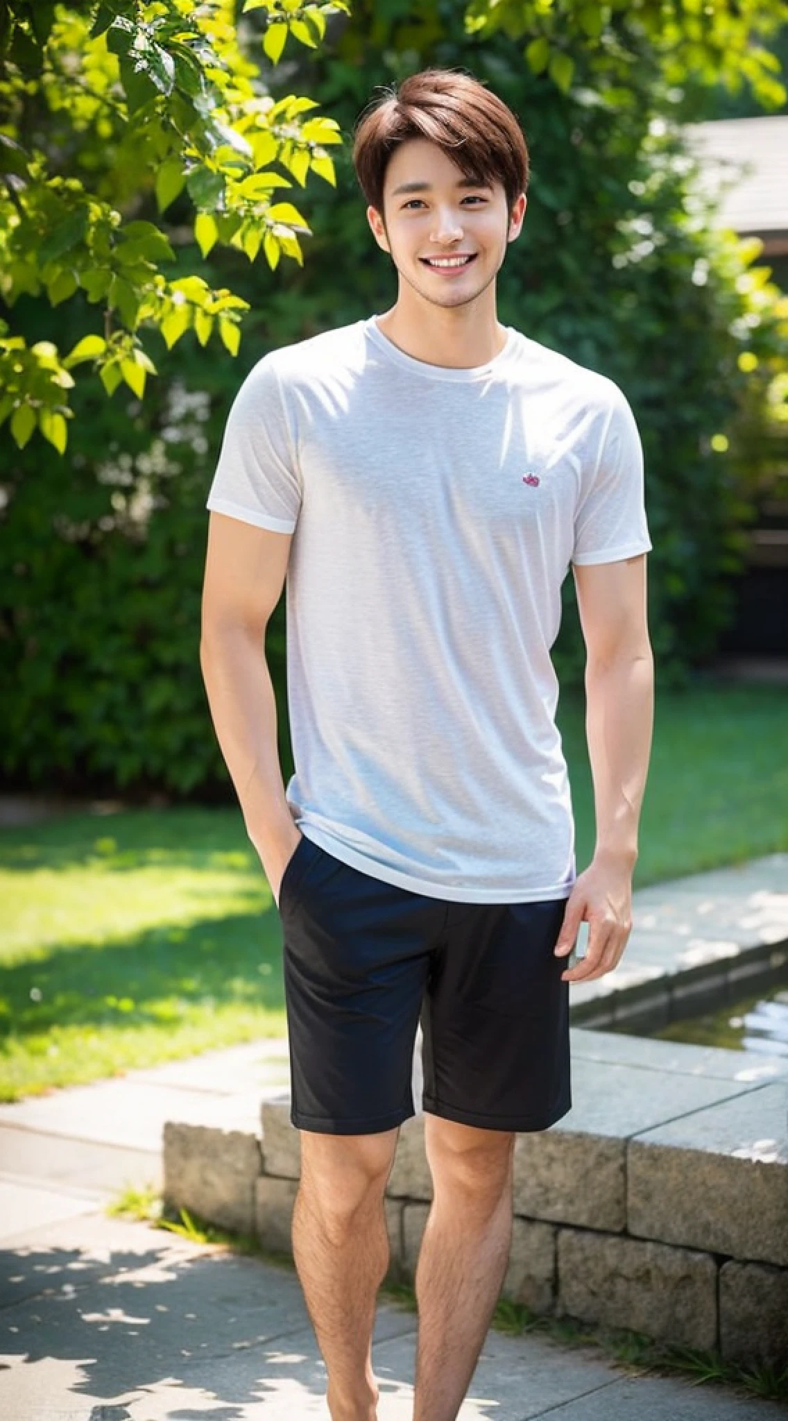 male, about 25 years old, smile, sharp focus, full body (1.5), summer, shirt, wonderful, relaxing,