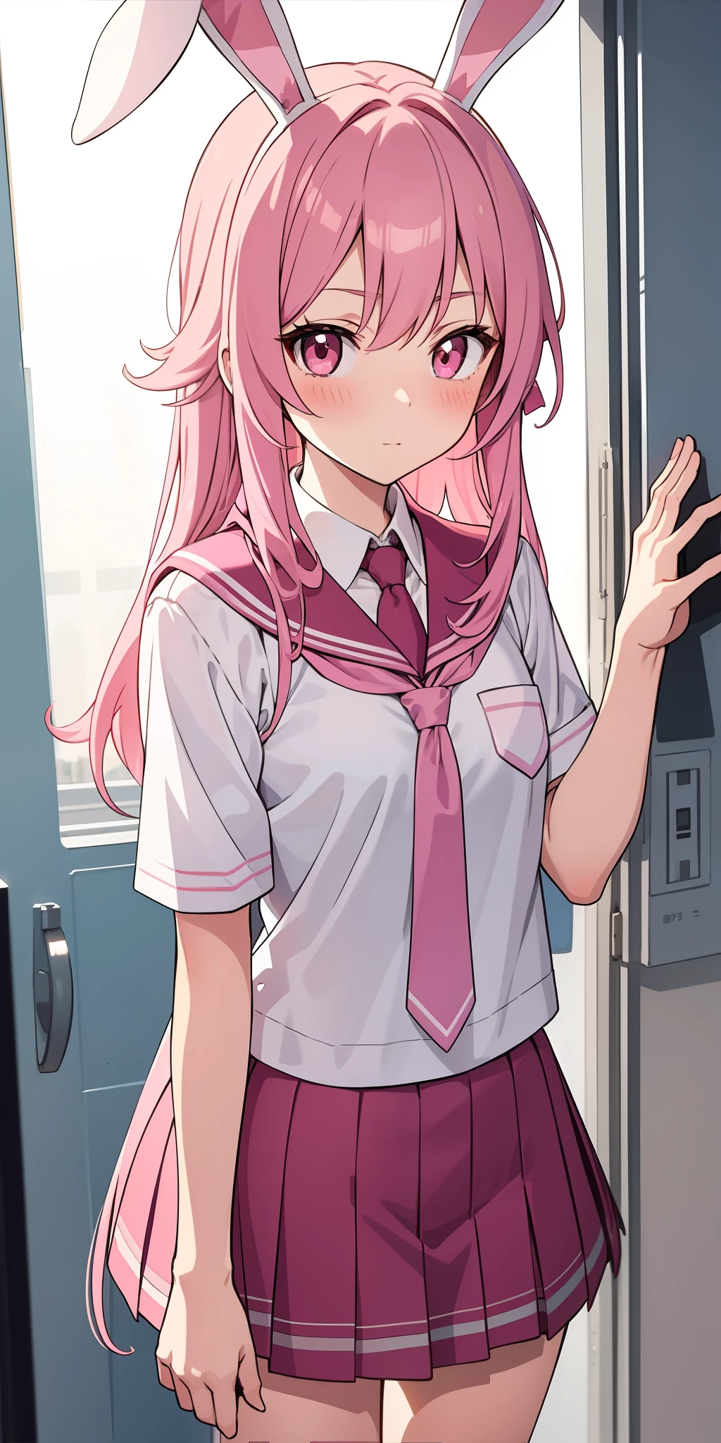 Anime girl with white hair and bunny ears, ruby eyes, shy blush, school uniform, high contrast, soft light
