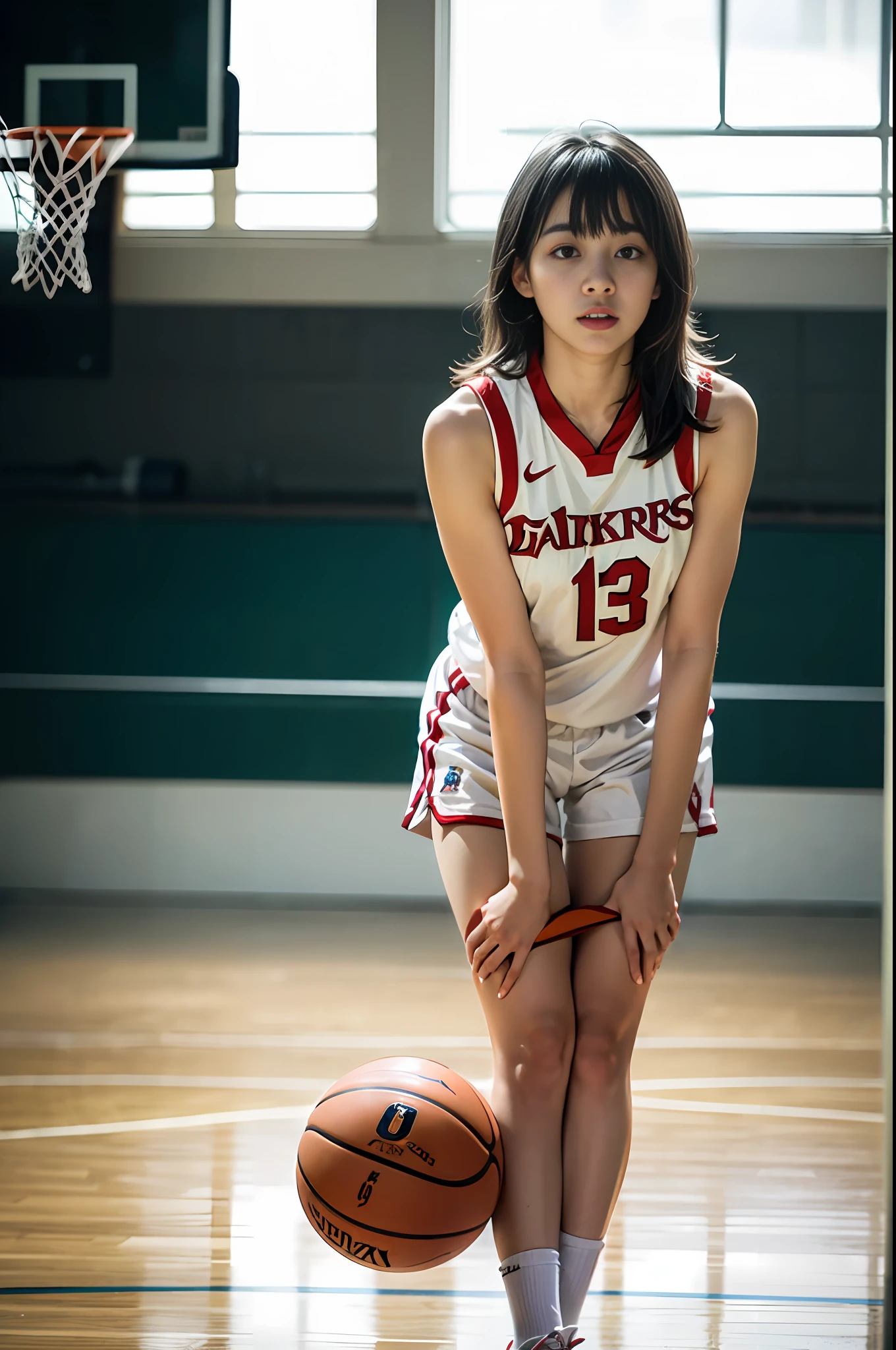 (8k, Best Quality, Masterpiece: 1.2), (Realistic, Realistic: 1.37), Ultra Detailed, Best Quality, Ultra High Resolution, Professional Lighting, Photon Mapping, Radiosity, Physically Based Rendering, Cinematic Lighting, Basketball court, depth of field, clear focus, sunlight, good composition, (bokeh: 1.2) 1girl, solo, (full body), (closed mouth), beautiful and detailed eyes, pose, narrow waist, basketball uniform, black hair , messy hair, long hair blowing in the wind, (ulzzang-6500:1.2) mix4, hiqcgbody