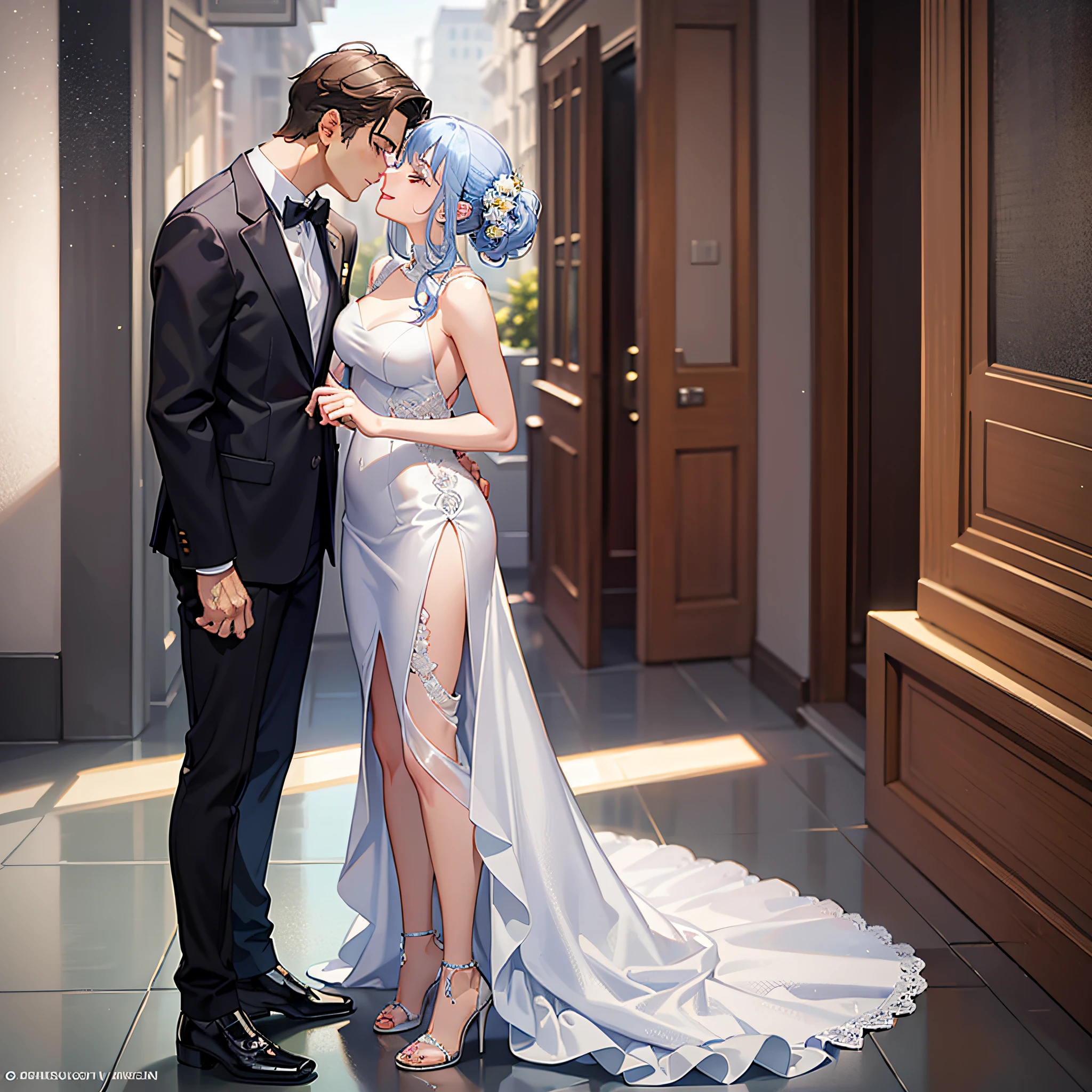 Character pose: Man bows his head and kisses woman's hair, bends down and lifts woman's high heels
Clothing: Men wear formal business attire, women wear fancy dresses
Makeup: Women have exquisite makeup, and men have indifferent facial expressions
Emotional expression: Men softly call women "baby", and women seem to smile proudly
Environmental background: Birthday celebration scene, there may be decorations such as cakes and balloons
