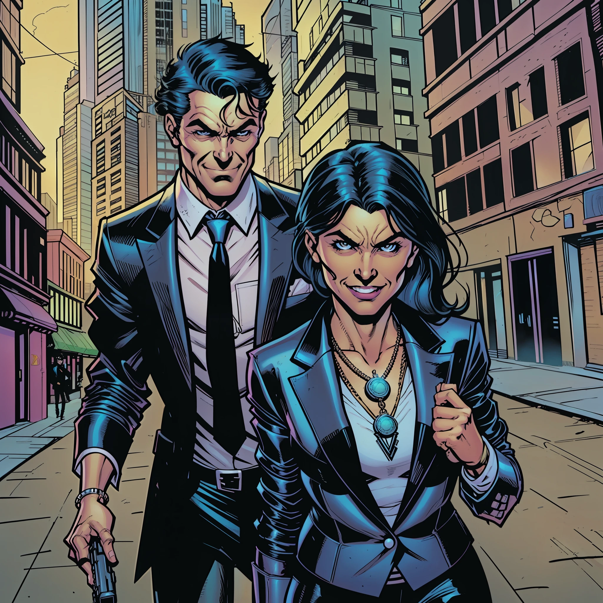 Home with a comic smile, dirty black hair dressed in a black suit without tie with a simple pistol and a shiny amulet in hand, showing to a godic woman with leather coat and black hair(((comic art))) (((sarcastic style))) cityscape looking like a neighborhood.