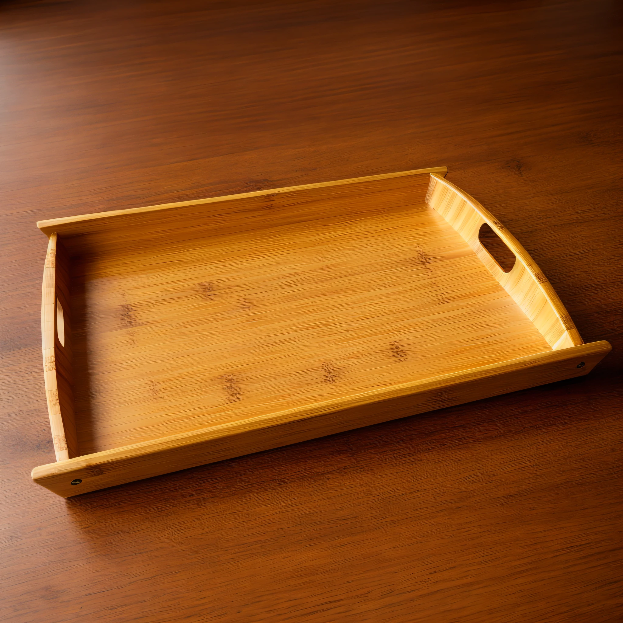 there is a wooden tray with handles on a white surface, on a wooden tray, bamboo wood, product photo, made of bamboo, high angle close up shot, carrying a tray, no watermark, wood, bamboo, vtm, manual, box, listing image, modern, cinematic full shot, f 8, f8, retro style, ebay product