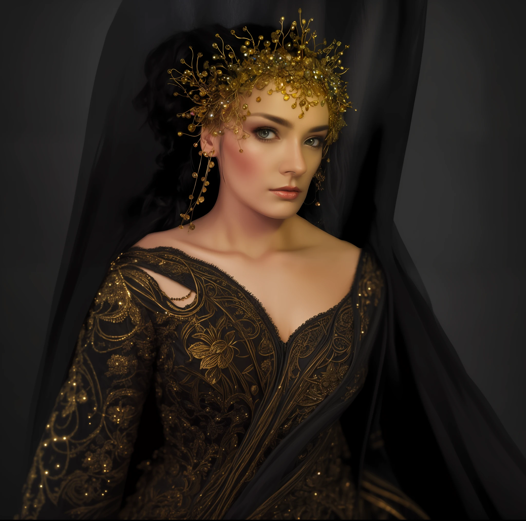 raw , detailed , HQ, masterpiece, cinematic, woman in detailed intricate clothes, black and golden, dramatic light, sharp focus, illustrated, artstation