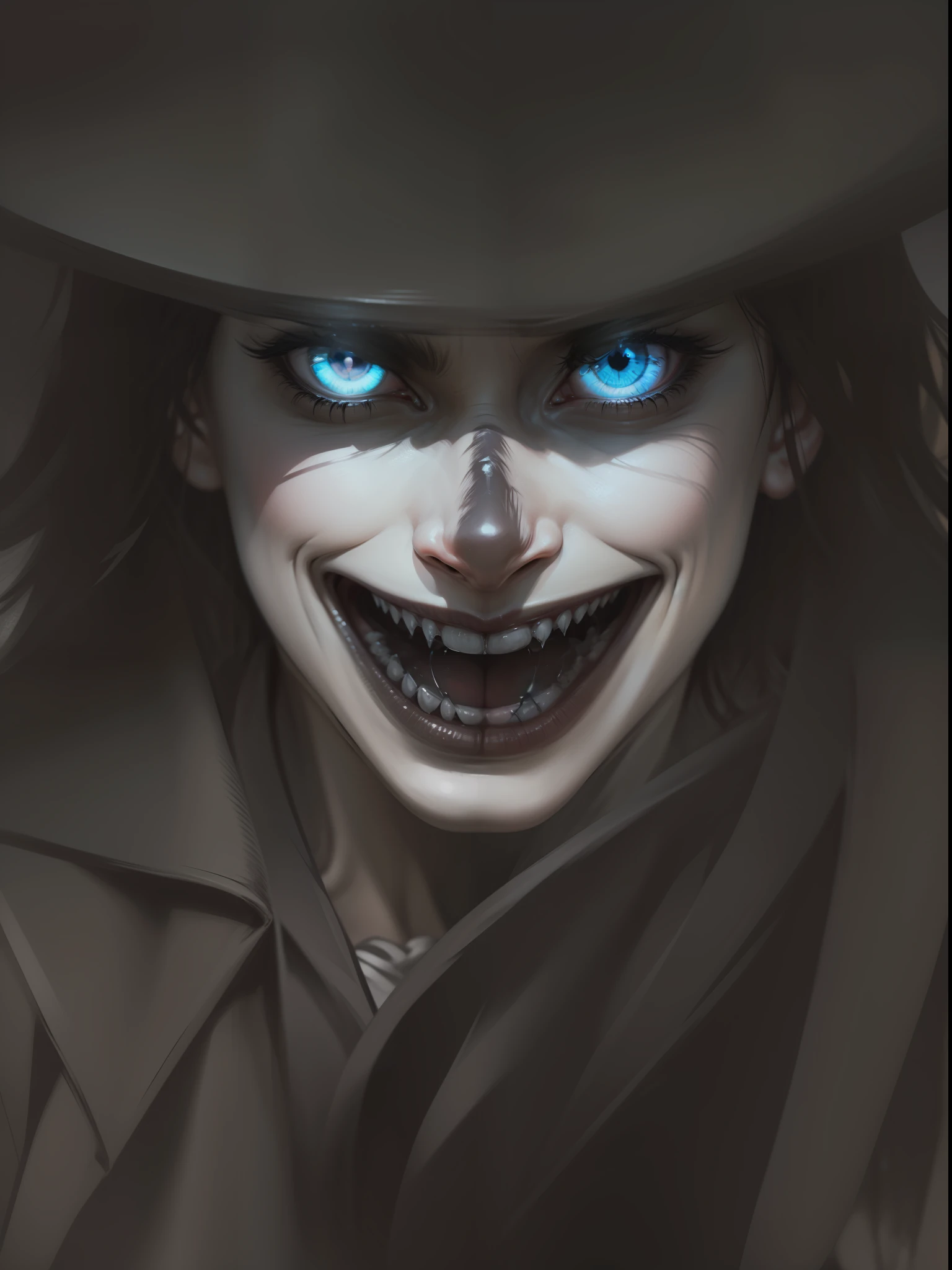Babadook's face, full color, best quality, masterpiece, 8k, close up, close his mouth, blue eyes, dark hair, mischievous, evil's eye --auto --s2