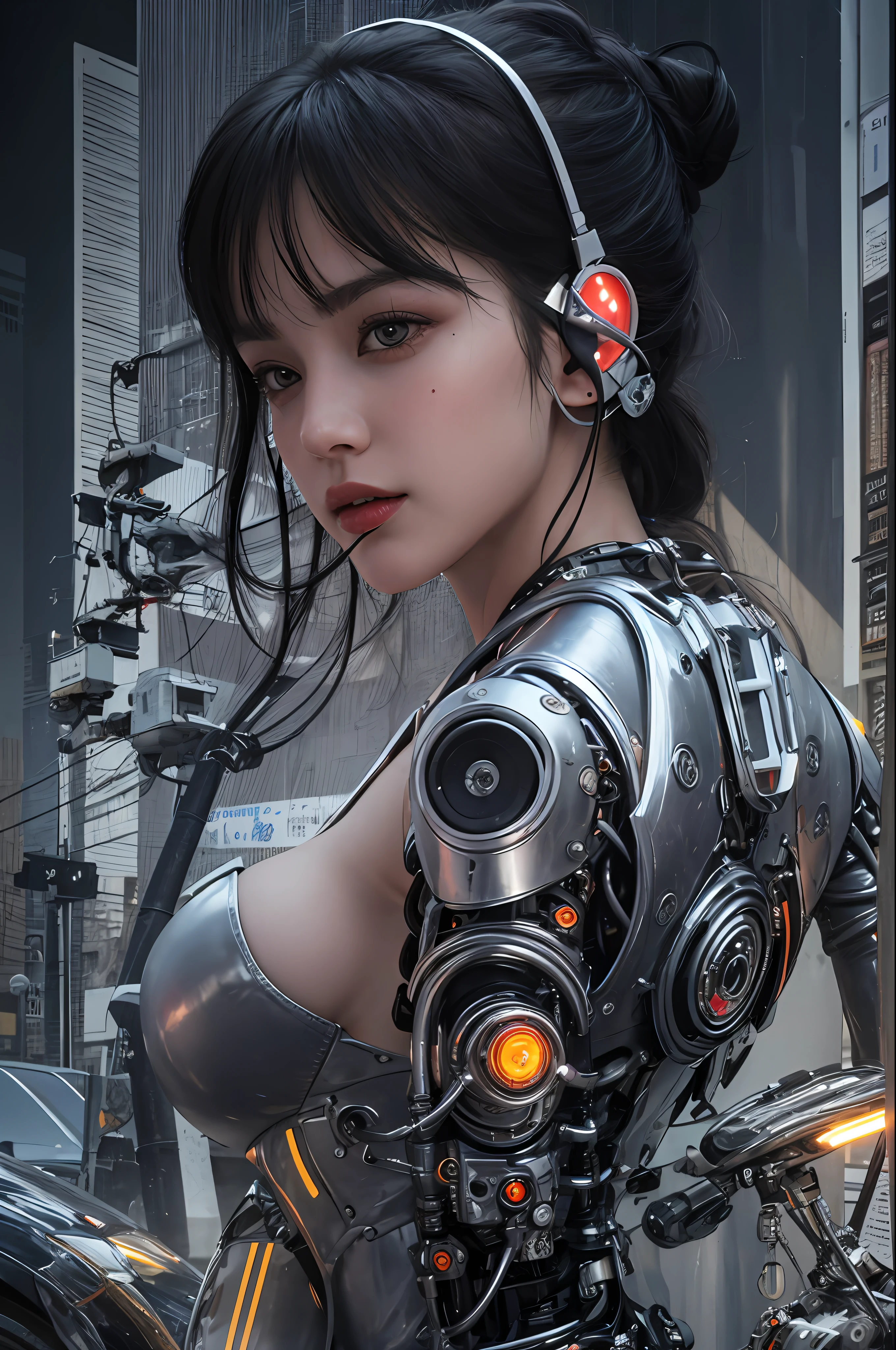 Top Quality, Masterpiece, Ultra High Resolution, (Photorealistic: 1.4), Raw Photo, 1 Girl, Black Hair, Glossy Skin, 1 Mechanical Girl, (Ultra Realistic Detail)), Portrait, Global Illumination, Shadows, Octane Rendering, 8K, Ultra Sharp, Big, Cleavage Exposed Raw Skin, Metal, Intricate Ornament Details, Headset, Hydraulic cylinder, very intricate details, realistic light, CGSoation trend, purple eyes, glowing eyes, facing the camera, neon details, mechanical limbs, blood vessels connected to tubes, mechanical vertebrae attached to the back, mechanical cervical attachment to the neck, sitting, wires and cables connecting to the head, cyberpunk, small LED lamps,