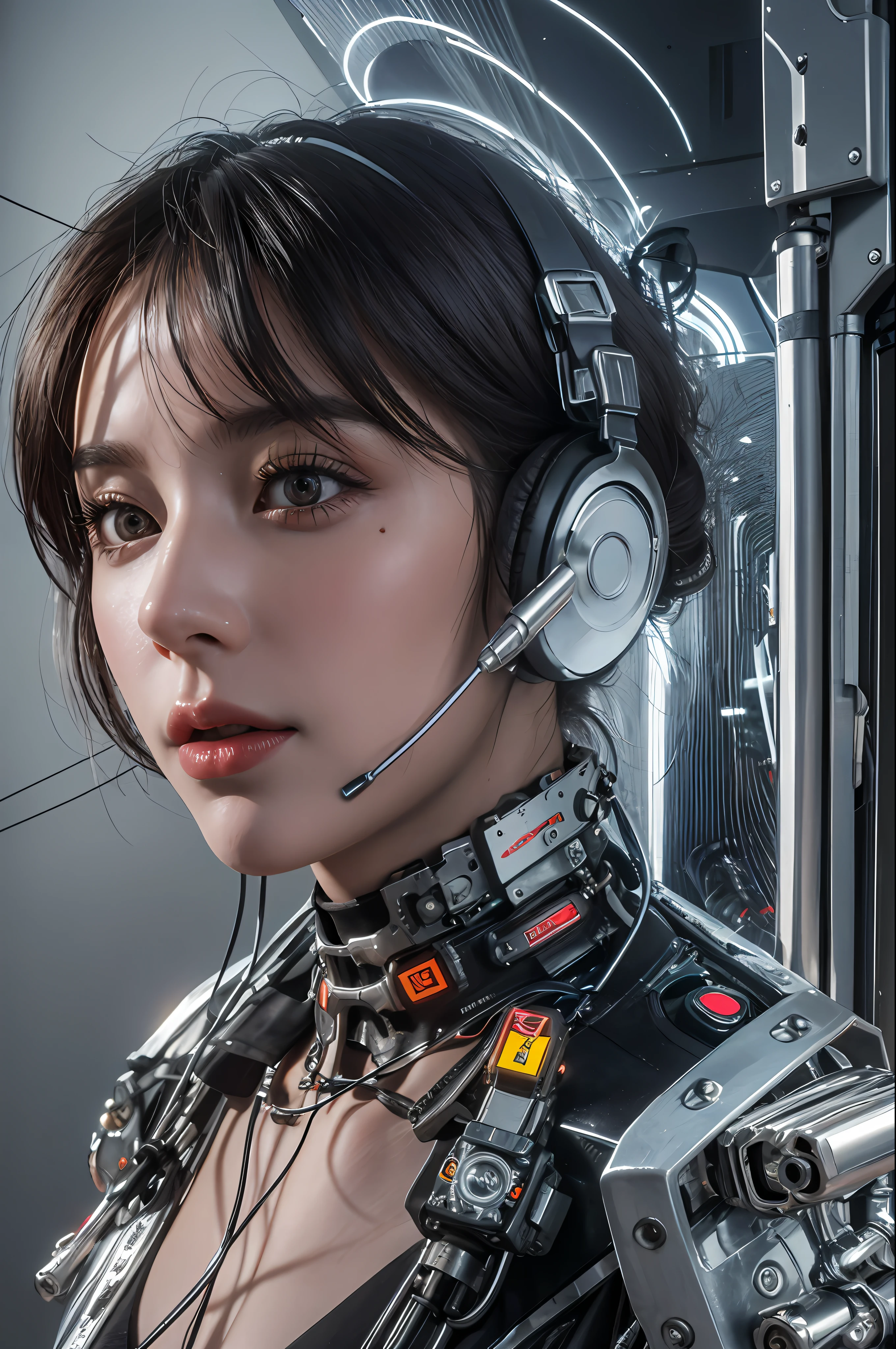 Top Quality, Masterpiece, Ultra High Resolution, (Photorealistic: 1.4), Raw Photo, 1 Girl, Black Hair, Glossy Skin, 1 Mechanical Girl, (Ultra Realistic Detail)), Portrait, Global Illumination, Shadows, Octane Rendering, 8K, Ultra Sharp, Big, Cleavage Exposed Raw Skin, Metal, Intricate Ornament Details, Headset, Hydraulic cylinder, very intricate details, realistic light, CGSoation trend, purple eyes, glowing eyes, facing the camera, neon details, mechanical limbs, blood vessels connected to tubes, mechanical vertebrae attached to the back, mechanical cervical attachment to the neck, sitting, wires and cables connecting to the head, cyberpunk, small LED lamps,