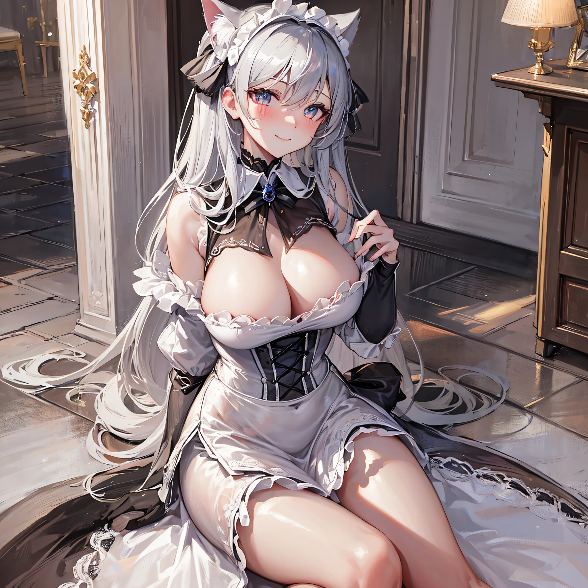 Absolutely beautiful cat lady, perfect slim body, mature royal sister, gray hair, royal sister face, maid outfit, sexy and alluring, beautiful face, bust, 4K picture quality, big body, feminine expression, blush shyness, outrageously large bust, deep eyes, smile