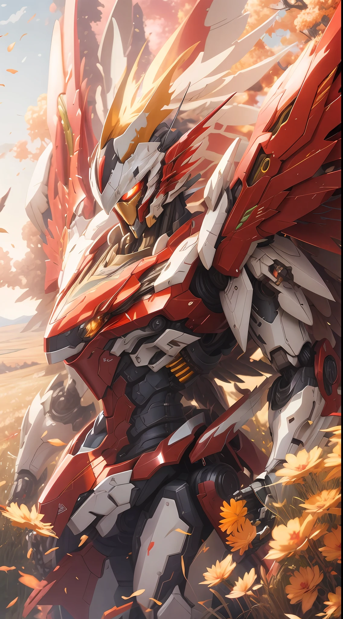 anime, a robot with wings and a red tail is standing in the grass, detailed anime artwork, detailed anime art, detailed digital anime art, detailed key anime art, 8k high quality detailed art, high definition anime art, highly detailed anime, best anime 4k konachan wallpaper, high quality detailed anime, badass anime 8 k, anime style 4 k