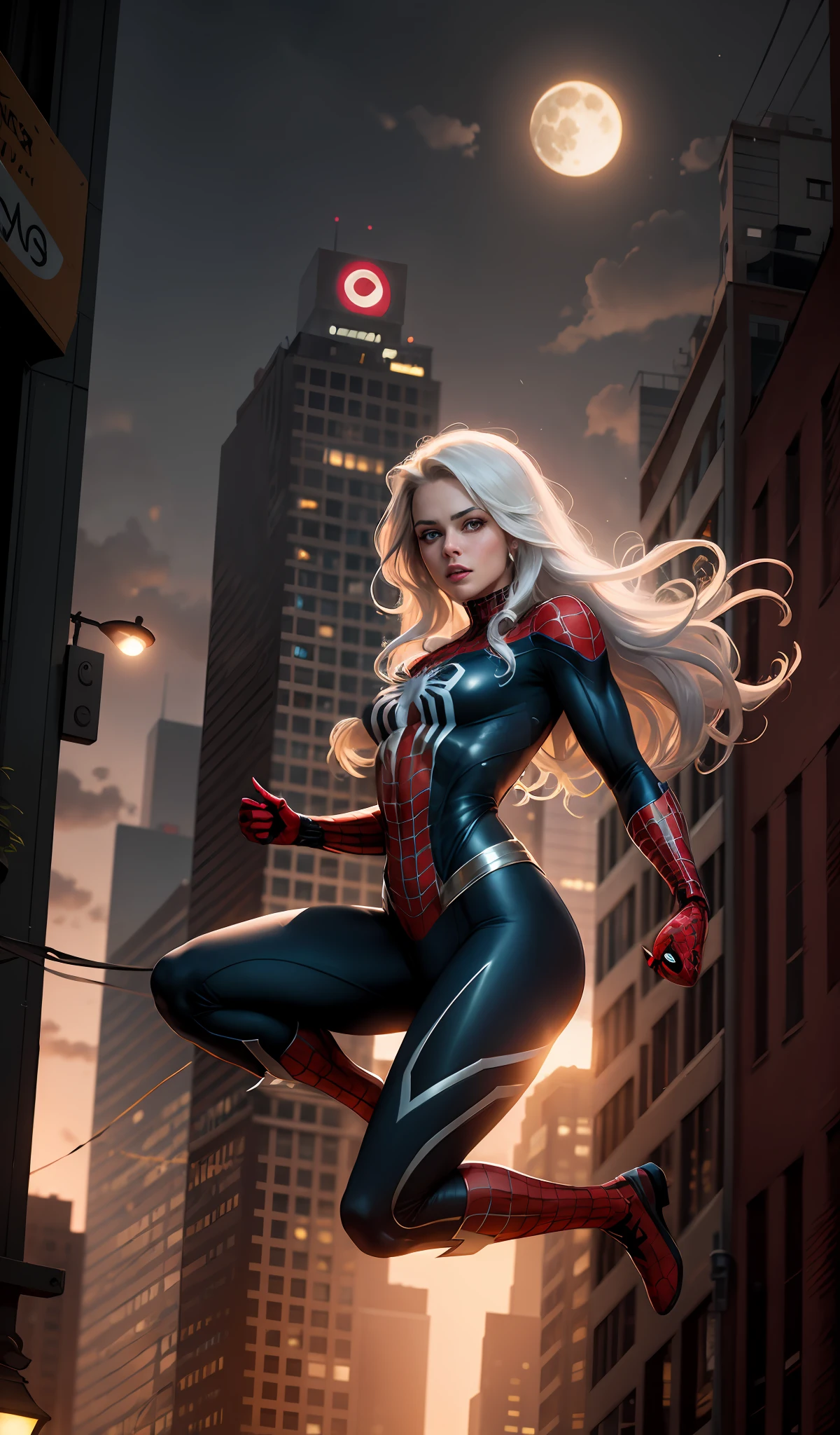 (Masterpiece, 4k resolution, ultra-realistic, very detailed:1.4), (White superhero theme, charismatic, there's a girl on top of town, wearing Spider-Man costume, she's a superhero:1.2), [ (25 years), (long white hair:1.2), (full body), (blue eyes:1.2), ((Spider-Man pose),show of strength, jumping from one building to another), ((sandy urban environment):0.8)| (cityscape, at night, dynamic lights), (full moon))] # Explanation: The Prompt mainly describes a 4K painting of ultra-high definition, very realistic, very detailed. It shows a superheroine at the top of the city, wearing a Spider-Man costume. The theme in the painting is a white superhero theme, the female protagonist has long white hair, is 25 years old and her entire body is shown in the painting. In terms of portraying the actions of superheroines, spiders are employed