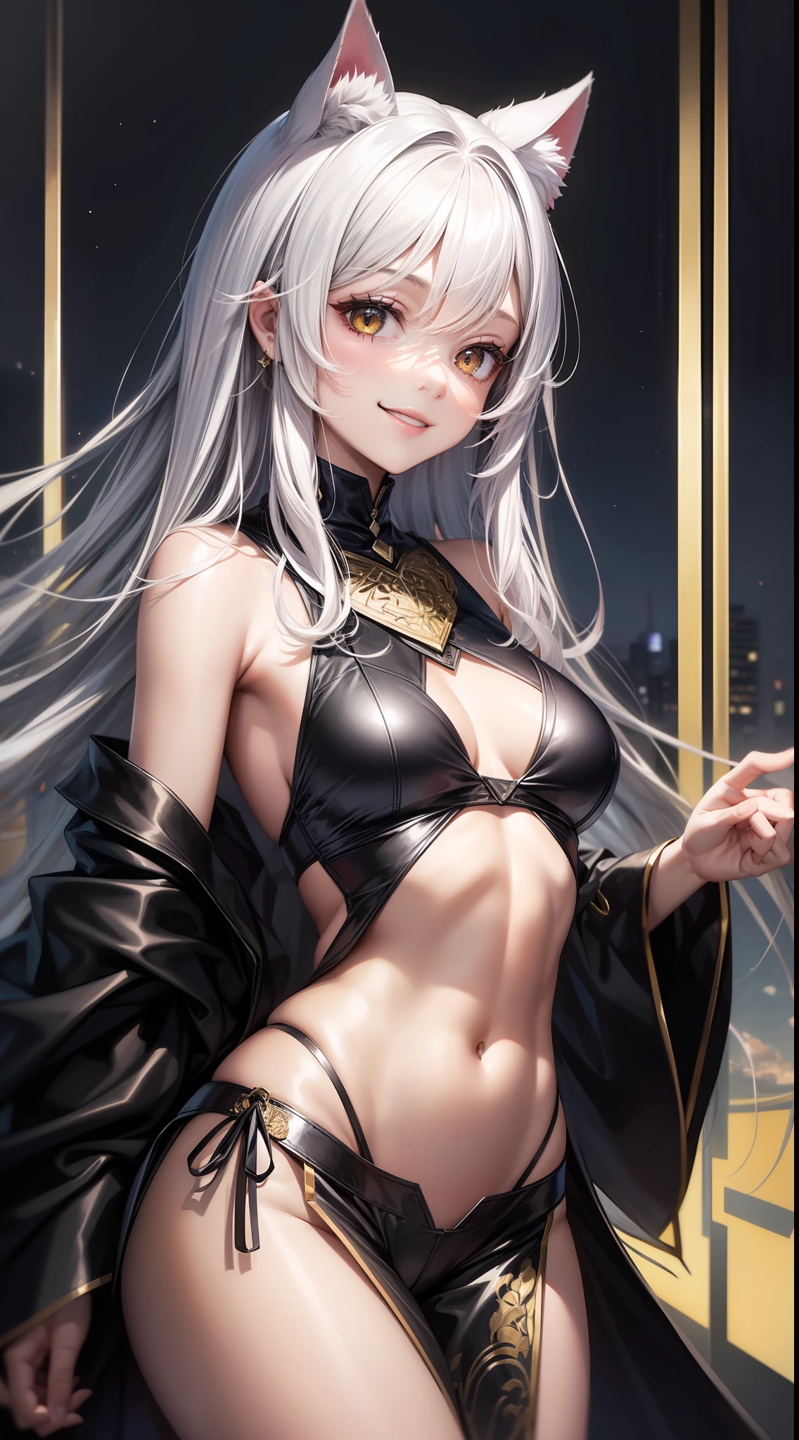 Young girl, long white hair, golden eyes, cat ears, combat robe, sleeveless, open belly, inner, smile, masterpiece, high quality