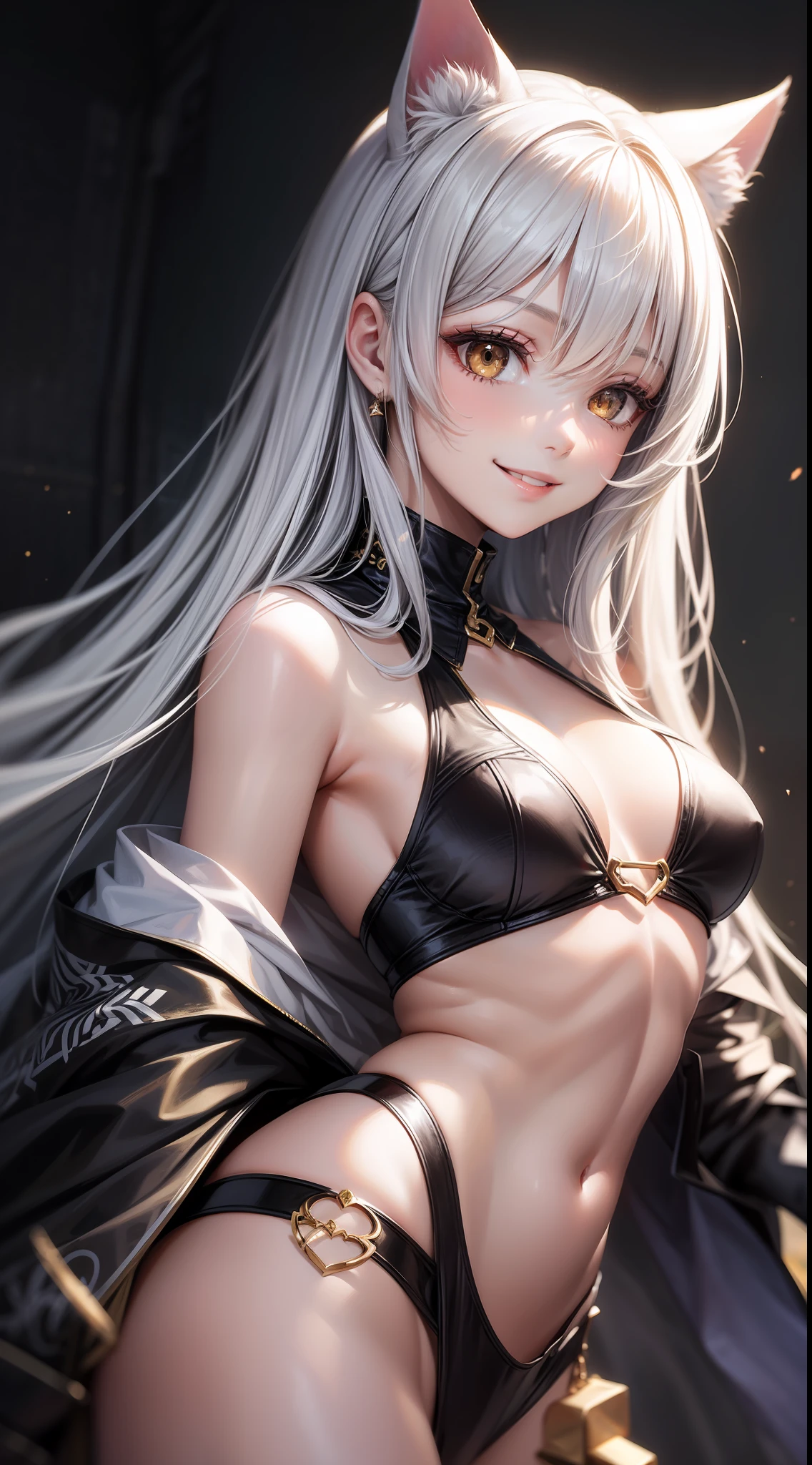 Young girl, long white hair, golden eyes, cat ears, combat robe, sleeveless, open belly, inner, smile, masterpiece, high quality