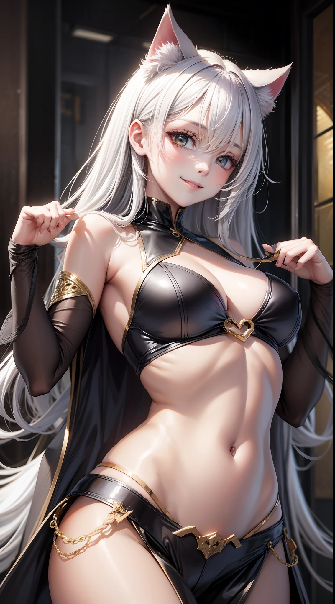 Young girl, long white hair, golden eyes, cat ears, combat robe, sleeveless, open belly, inner, smile, masterpiece, high quality