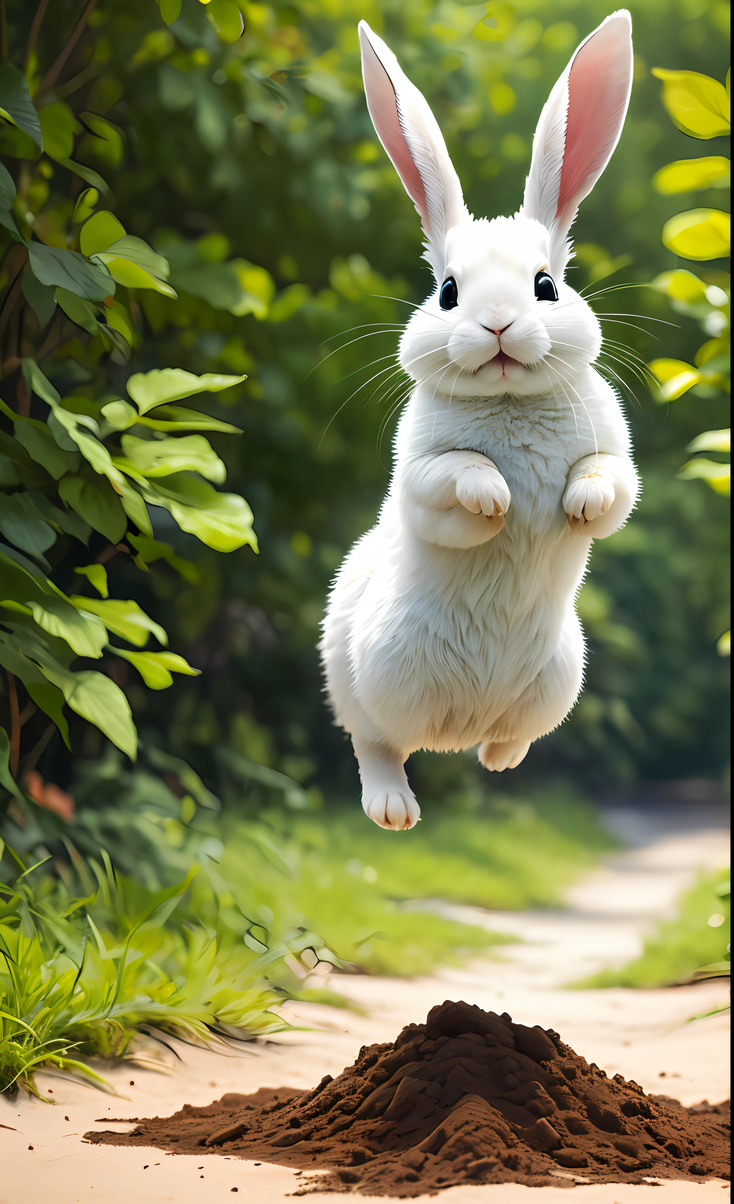 ((masterpiece, best quality)), soil, animal ears, fluffy rabbit, rabbit ears, jumping, beach, outdoor, full body, animal, sunlight, sunlight dappled, daytime, depth of field --v6