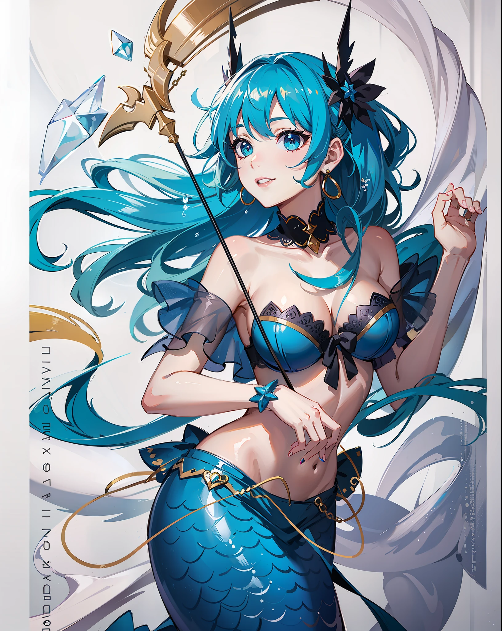 (masterpiece),(best quality:1.0), (ultra highres:1.0), detailed illustration, 8k, anime, 1girl, sexy anime girl, busty, (big breasts: 1.2), green bikini top, mermaid bottom, earrings , intricate details, emerald eyes, detailed eyes, orange hair, detailed hair detailed, highlights on hair, smiling, perfect lips, sexy curves, seductive, anime style, best quality, detailed
