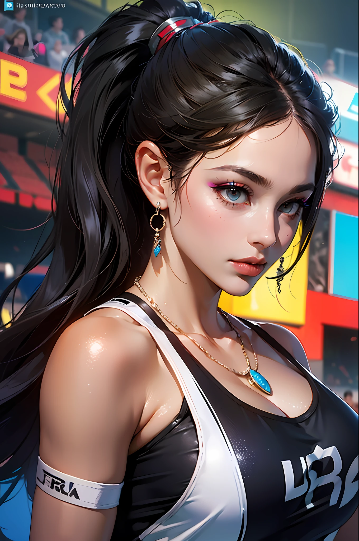 1girl, long hair, ponytail, dark skin color, Paris Saint-Germain football kit, earrings, jewelry, big breasts, (curvy), professional makeup, necklace, football stadium vacation, (cyberpunk), colorful , dynamic light, dynamic angle --auto --s2