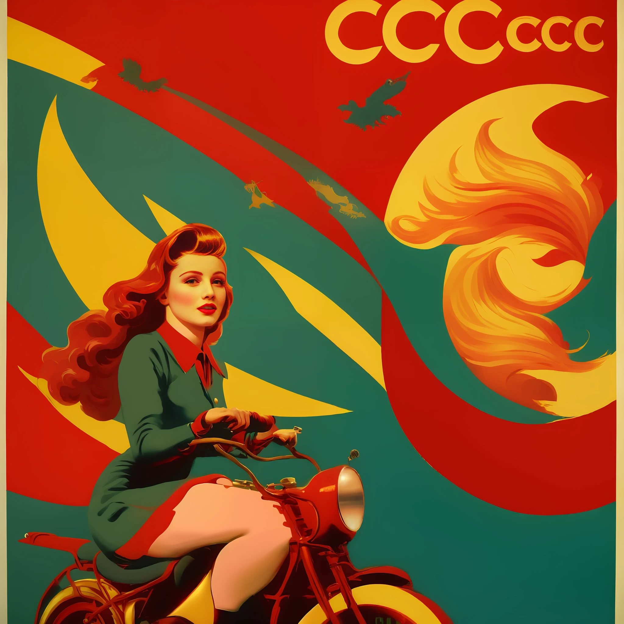 ((CCCP Poster, Soviet Poster)) ((( a beautiful , girl, golden hair, riding a wild angy monster))) propaganda Poster, Poster design, poster art style. 1940s, 1950s, 1960s, basic colour scheme, Very colourful poster, colour art, thirds rule, inspiring, free style perspective