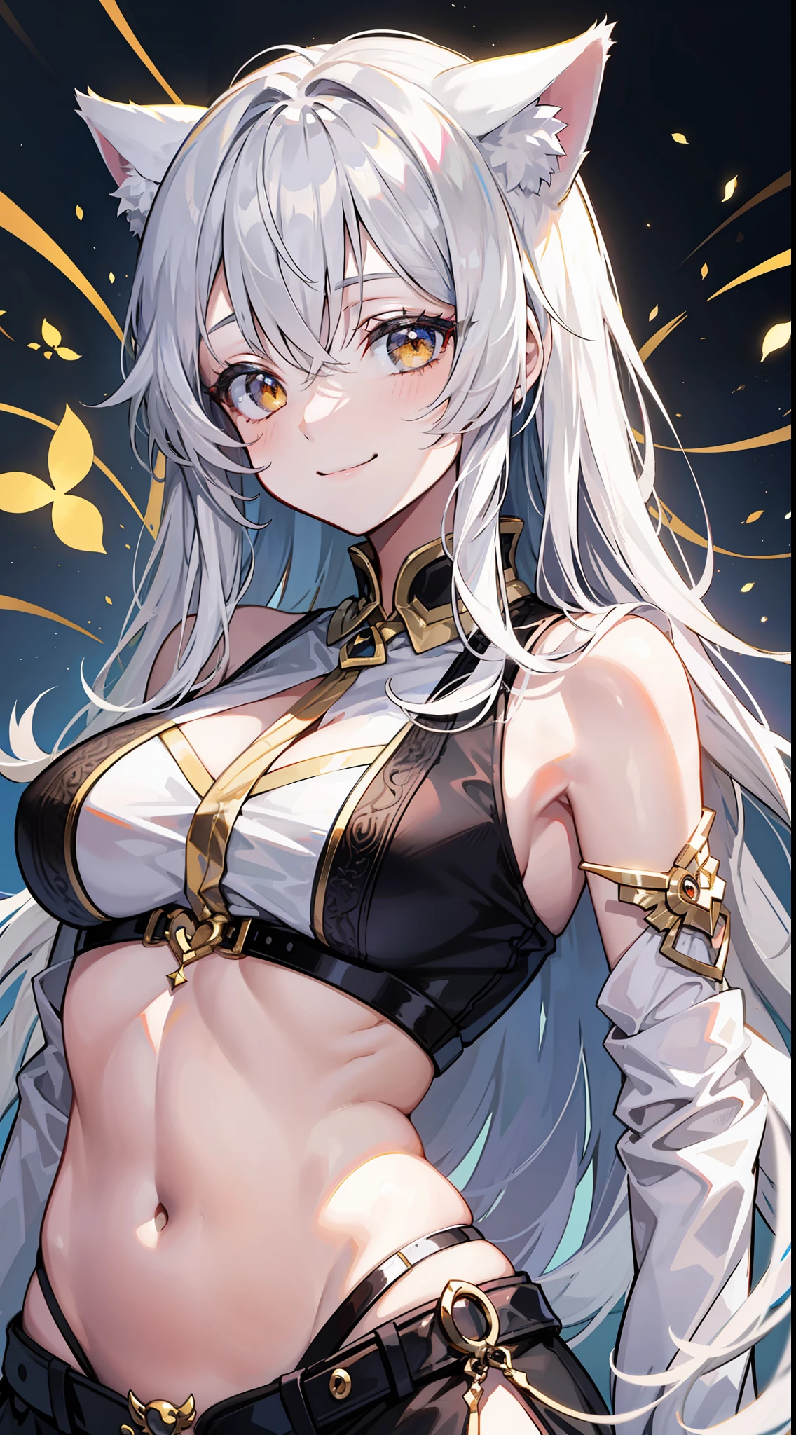 Young girl, long white hair, golden eyes, cat ears, combat robe, sleeveless, open belly, inner, smile, masterpiece, high quality
