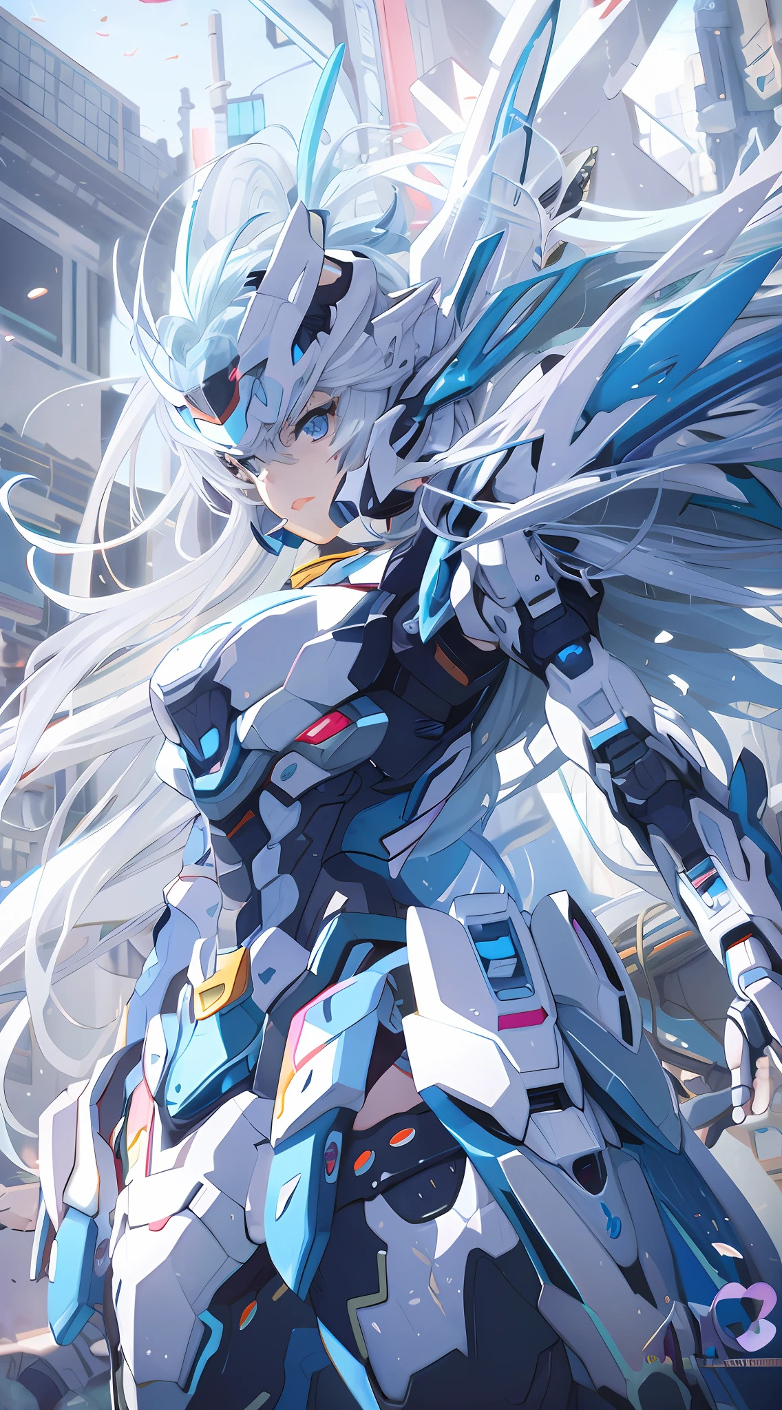 anime character with long white hair and blue eyes and a sword, girl in mecha cyber armor, best anime 4k konachan wallpaper, mechanized valkyrie girl, anime manga robot!! anime girl, modern mecha anime, anime mecha aesthetic, mecha asthetic, anime style 4 k, high detailed official artwork, female mecha, armor girl