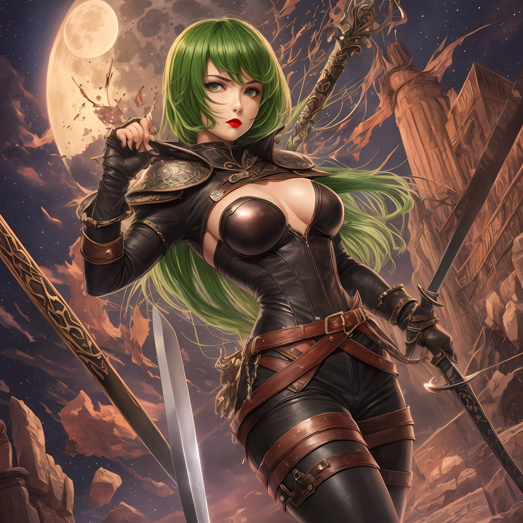 colored pencils, cladiator carota, short green hair, serious face, red lips, sculptural body small breasts, short leather clothes, and metal, cladium sword, can attack, colisseu background at night with full moon. --auto --s2