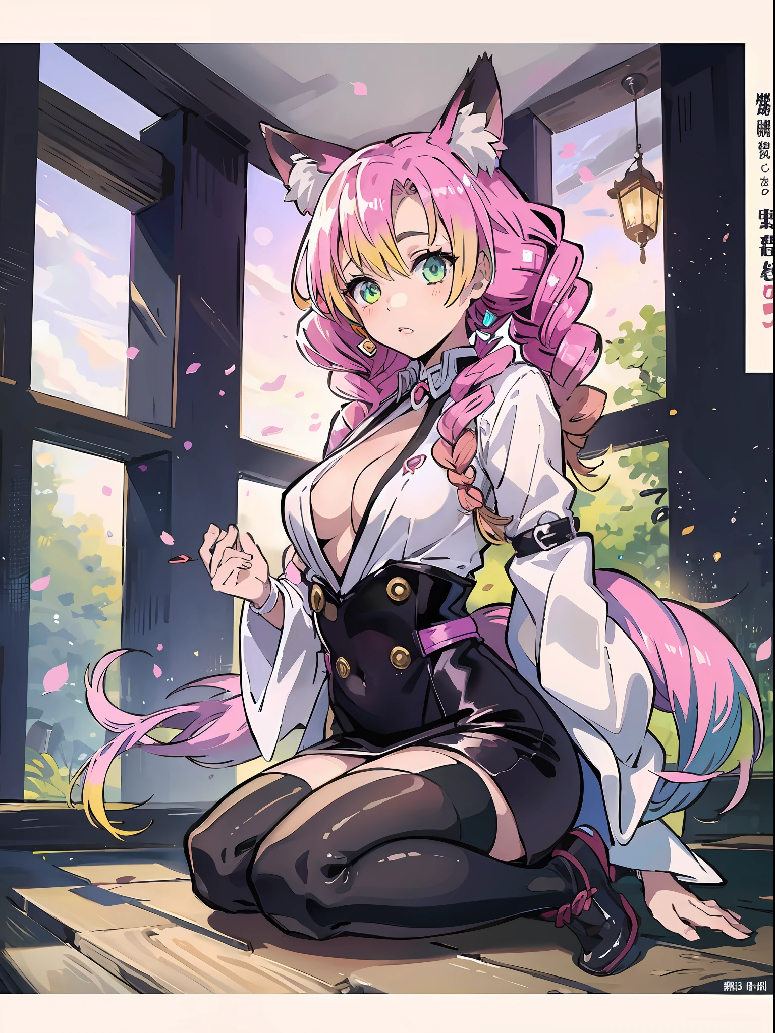 kanroji_mitsuri, 1girl (masterpiece) (highest quality) (shiny hair) (shiny skin), fox ears, fox tail,