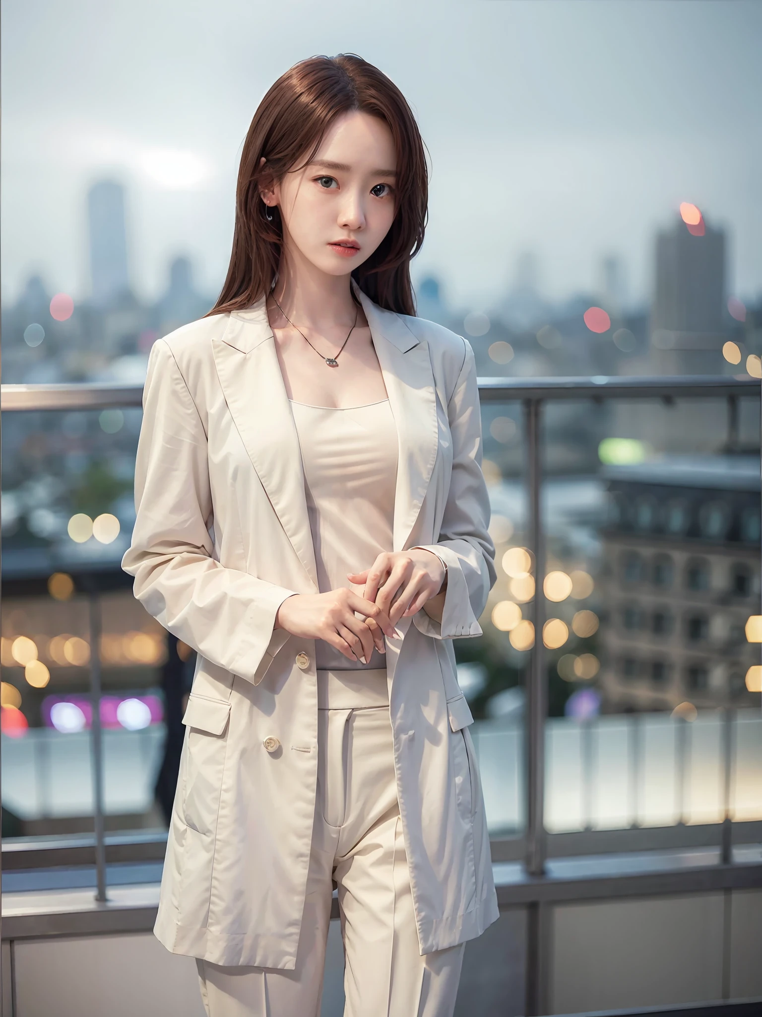 photorealistic,realistic, solo, photorealistic, best quality, ultra high res,

diamond stud earrings, long straight black hair, hazel eyes, serious expression, slender figure, wearing a black blazer and white blouse, standing against a city skyline at night

beautiful, masterpiece, best quality, extremely detailed face, perfect lighting, solo,1girl,

best quality, ultra high res, photorealistic,
ultra detailed,
masterpiece, best quality,
yoona1,