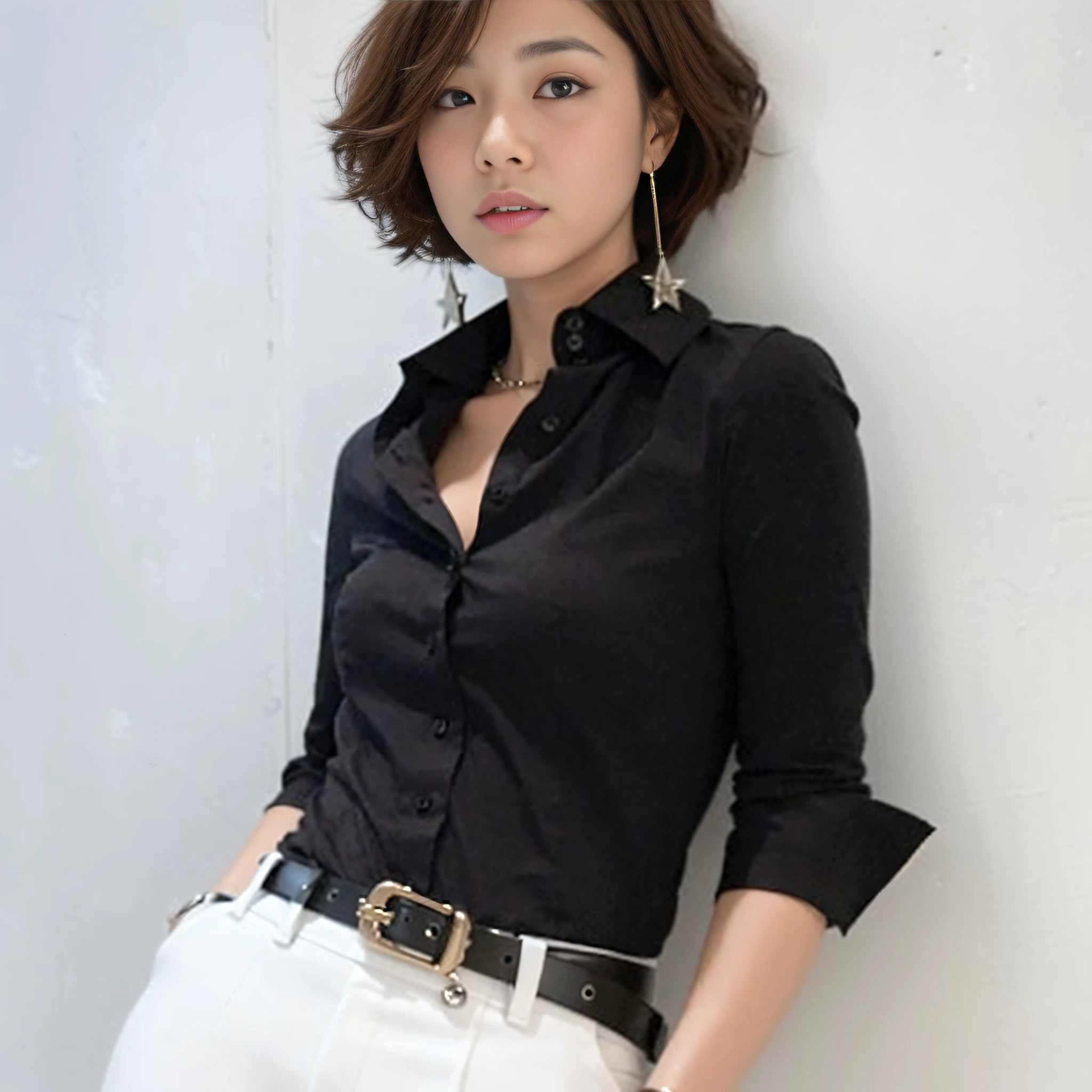 Araki woman posing for photo in black shirt and white pants, korean female fashion model, wearing black shirt, black shirt, wearing dark shirt and jeans, black modern outfit, office clothes, Heonhwa Choe, with black, lee ji-eun, lee ji-eun, korean woman, black slim clothes