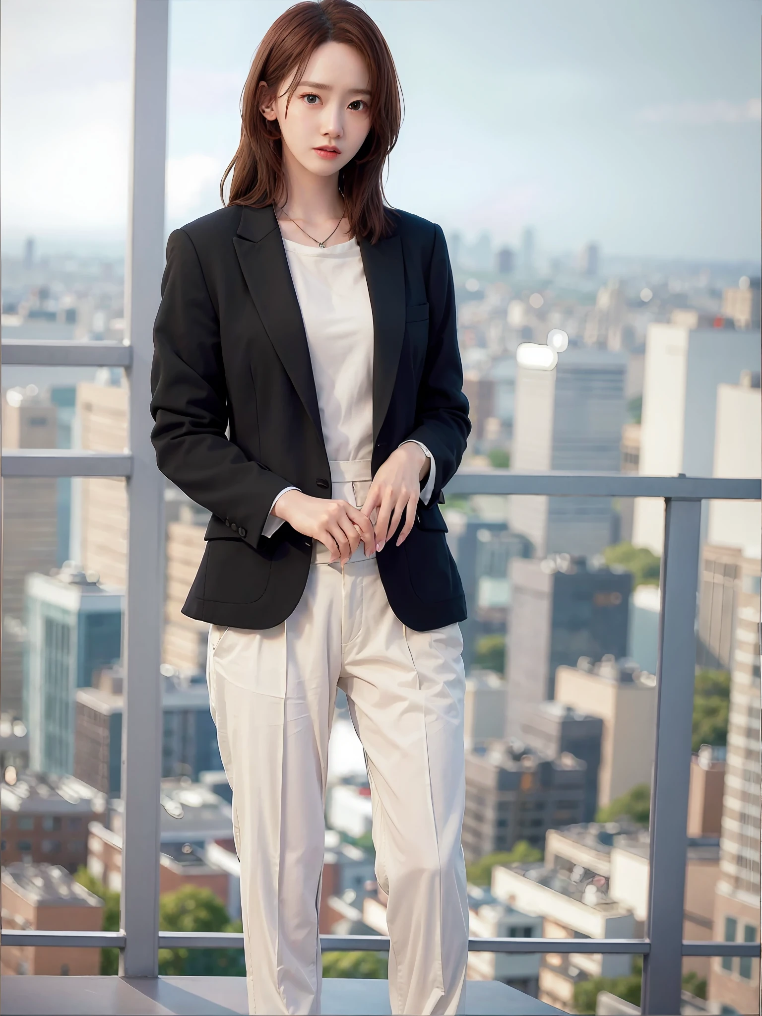 photorealistic,realistic, solo, photorealistic, best quality, ultra high res,

diamond stud earrings, long straight black hair, hazel eyes, serious expression, slender figure, wearing a black blazer and white blouse, standing against a city skyline at night

beautiful, masterpiece, best quality, extremely detailed face, perfect lighting, solo,1girl,

best quality, ultra high res, photorealistic,
ultra detailed,
masterpiece, best quality,
yoona1,