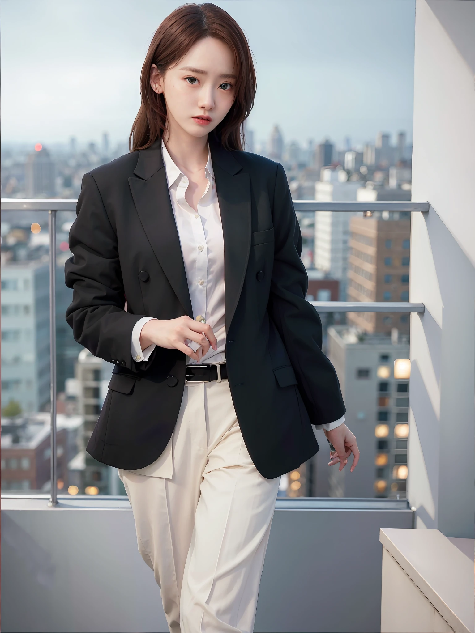 photorealistic,realistic, solo, photorealistic, best quality, ultra high res,

diamond stud earrings, long straight black hair, hazel eyes, serious expression, slender figure, wearing a black blazer and white blouse, standing against a city skyline at night

beautiful, masterpiece, best quality, extremely detailed face, perfect lighting, solo,1girl,

best quality, ultra high res, photorealistic,
ultra detailed,
masterpiece, best quality,
yoona1,