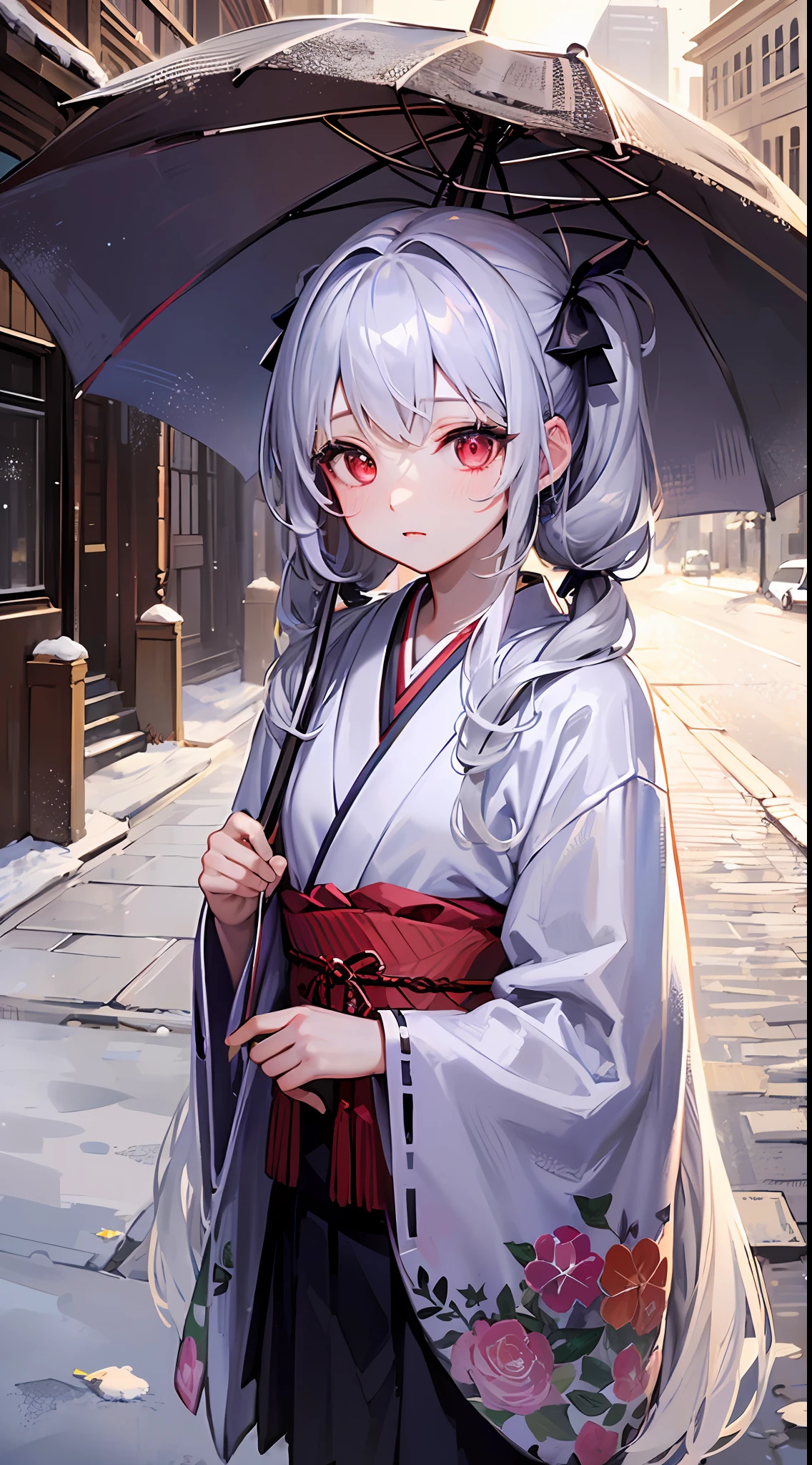 ((masterpiece)), (((best quality))), ((ultra-detailed)), ((illustration)), ((disheveled hair)),((solo)),on the street,snow,snowdrop,
1girl,loli,long hair,((twintail)),red eyes,silver hair,shiny skin,(small chest),hold umbrella,
Kimono girl outfit,
Night,((detalied glow))