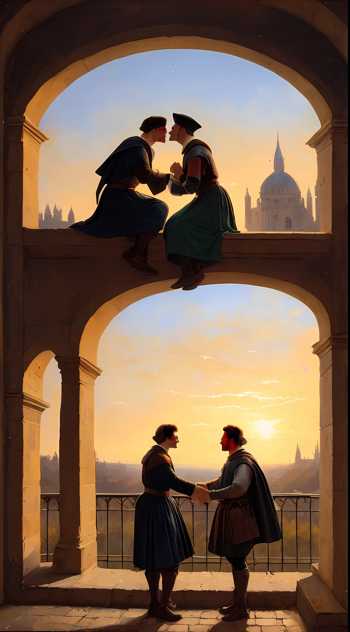(best quality, high resolution, oil painting, official art:1.2, by Greg Rutkowski), scenes of happiness and love, homosexual male couples, (donning authentic medieval attire:1.2), set in 13th-century medieval France, the sun setting in the background, golden light bathing the scene, genuine affection, medieval architecture creating an enchanting atmosphere, a celebration of diverse love in history.