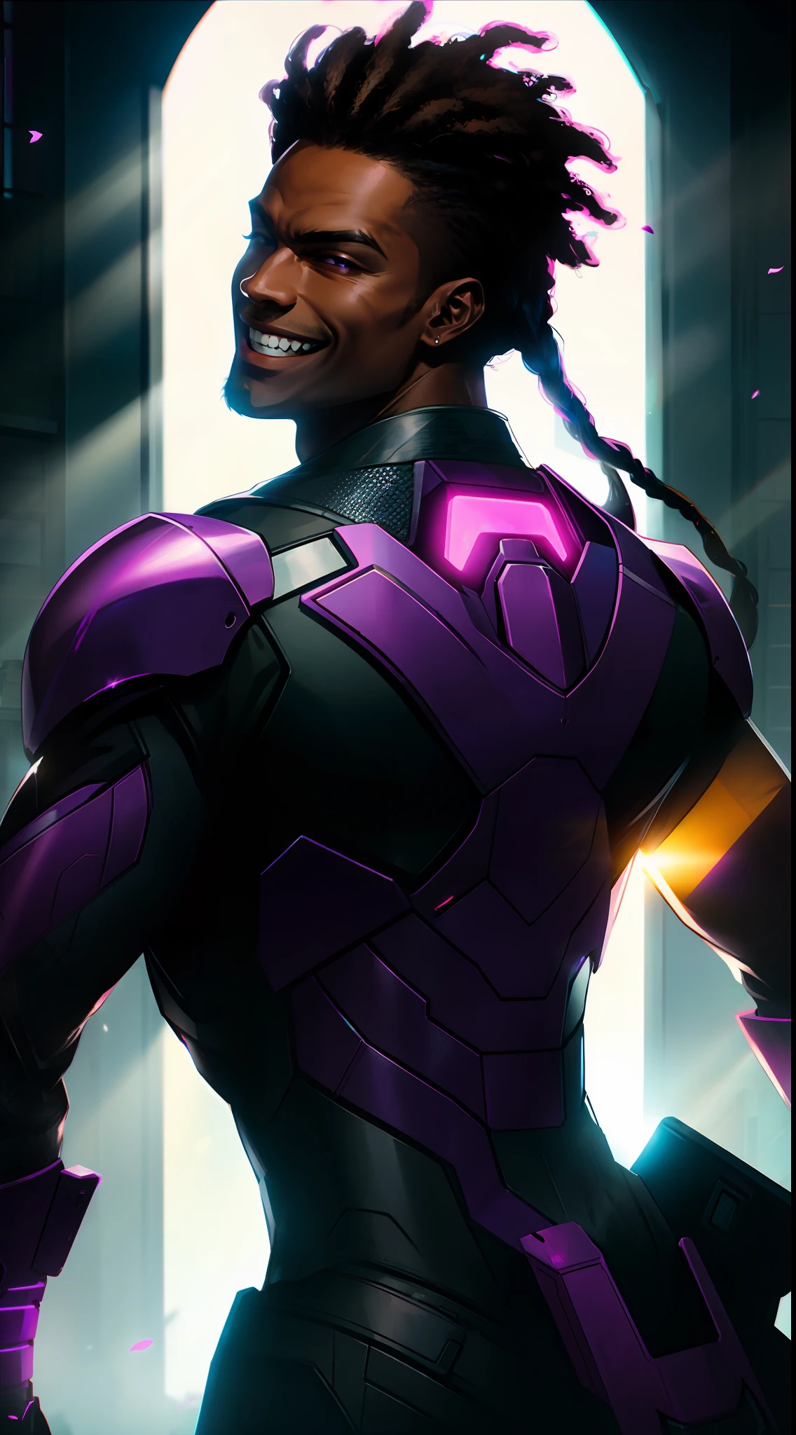 ( original illustration: 1.1), ( lineart: 1.33), (original character), black male villain, dreads, laughing, evil, bright purple eyes, volumetric illumination: 1.1) (high contrast: 1.2), epic backlighting, (backlighting: 1.2), (flowering: 1.2), (bright light: 1.1), (chromatic aberration: 1.2), sharp focus, high contrast, (cinematic lighting: 1.2), (screen lighting: 1.1) Realism, Ultra-Wide Angle, 135mm, atmospheric perspective, anatomically correct