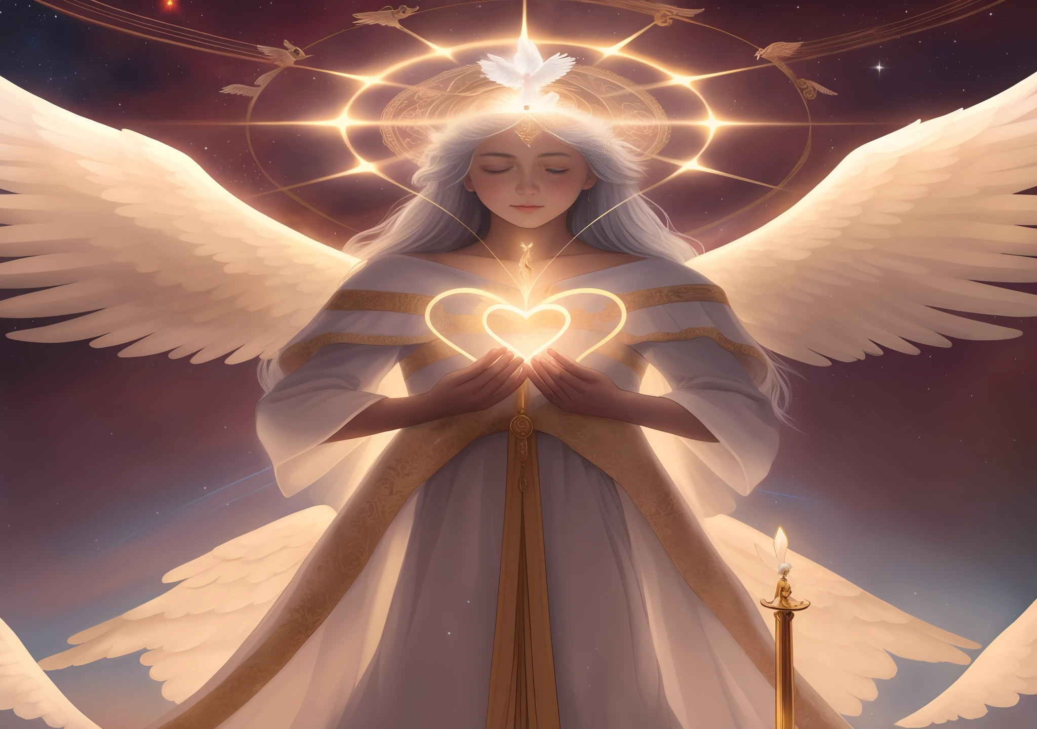 a being with white hair and wings holding a heart in his hands, brilliant angelic being, ethereal angelic being of light, angel meditating in space, an angel of dawn light, angelic light, beautiful angel, angelic, angelic, angelic spirit guide, angelic features, angelic halo, full of angel paintings, warrior protective angel