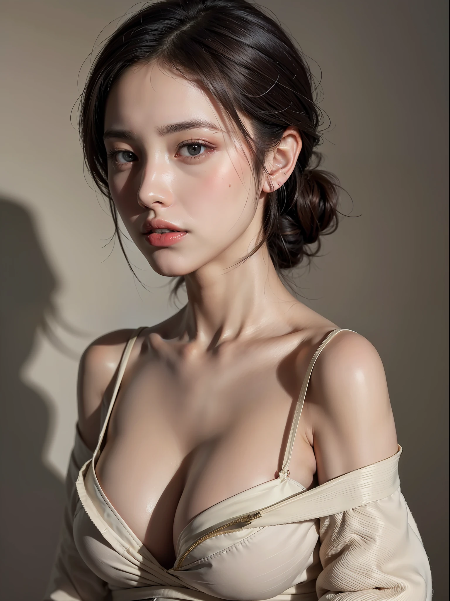 Best quality, masterpiece, ultra high res, (photorealistic:1.4), raw photo, a mature woman, offshoulder, deep-cleavage, moist skin, best shadow, low key, cold light, high detailed skin