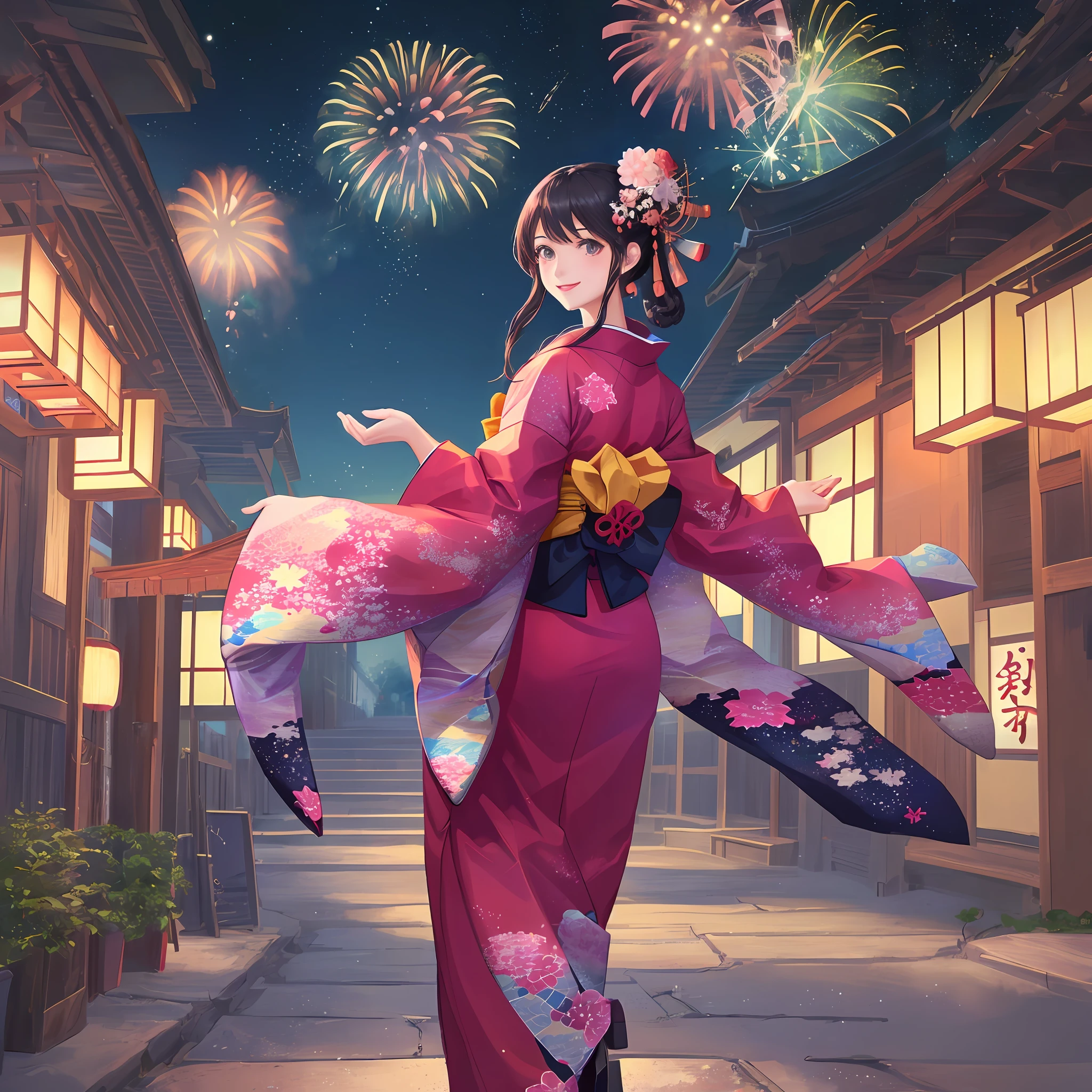 (One beautiful girl in a Japanese kimono), back, big ass, resolution 350px, size 2000px×2000px, (masterpiece), space and fireworks, black hair, braid, pretty neck, pink lips, smile, transparent panty line,