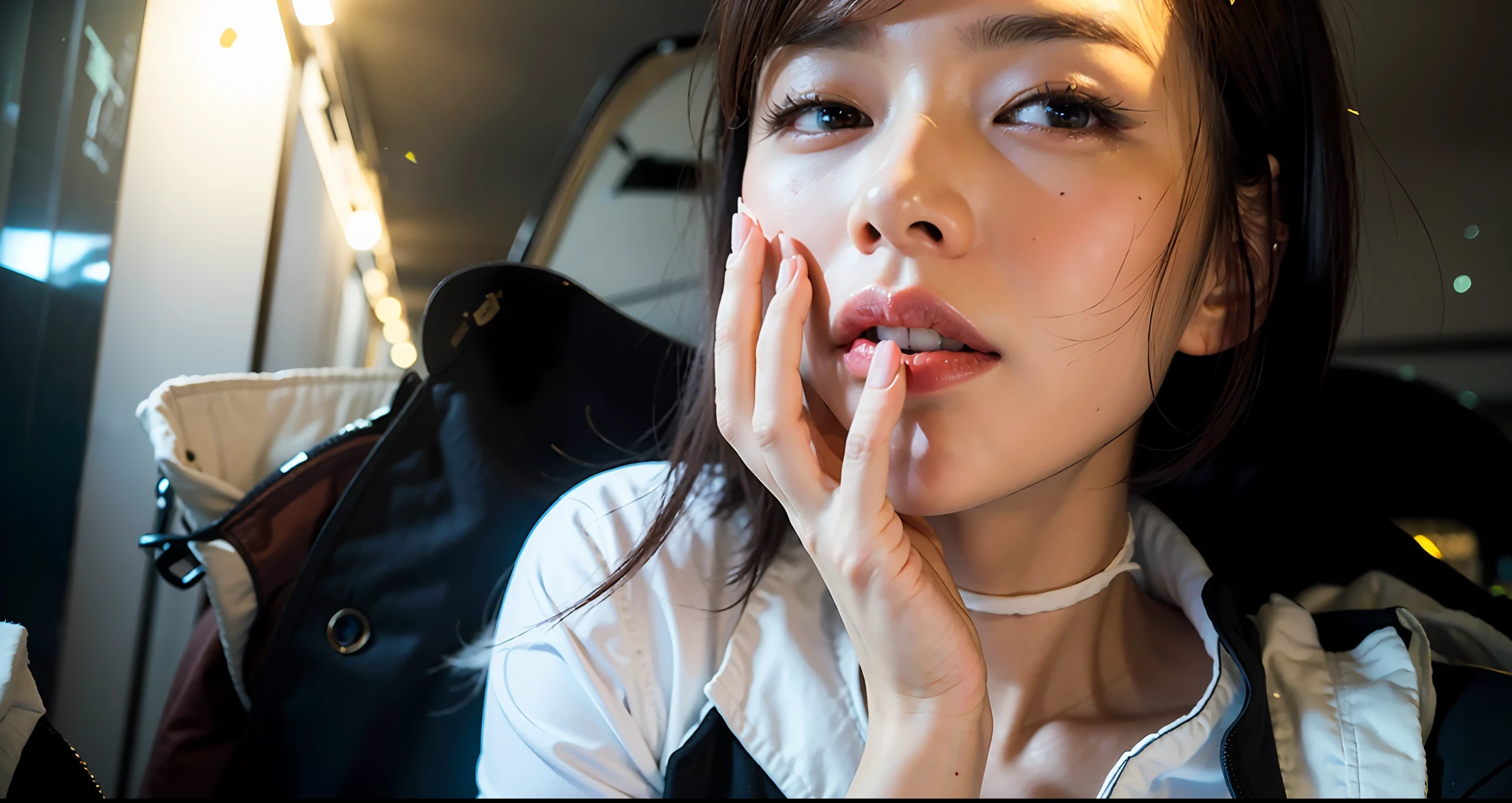 (Best quality, 8k, 32k, Masterpiece, UHD:1.2),Photo of Pretty Japanese woman, large breasts, very short bob hair,upper body,face focus,oversized_sweater, necklace, simple background, from above, looking at viewer,